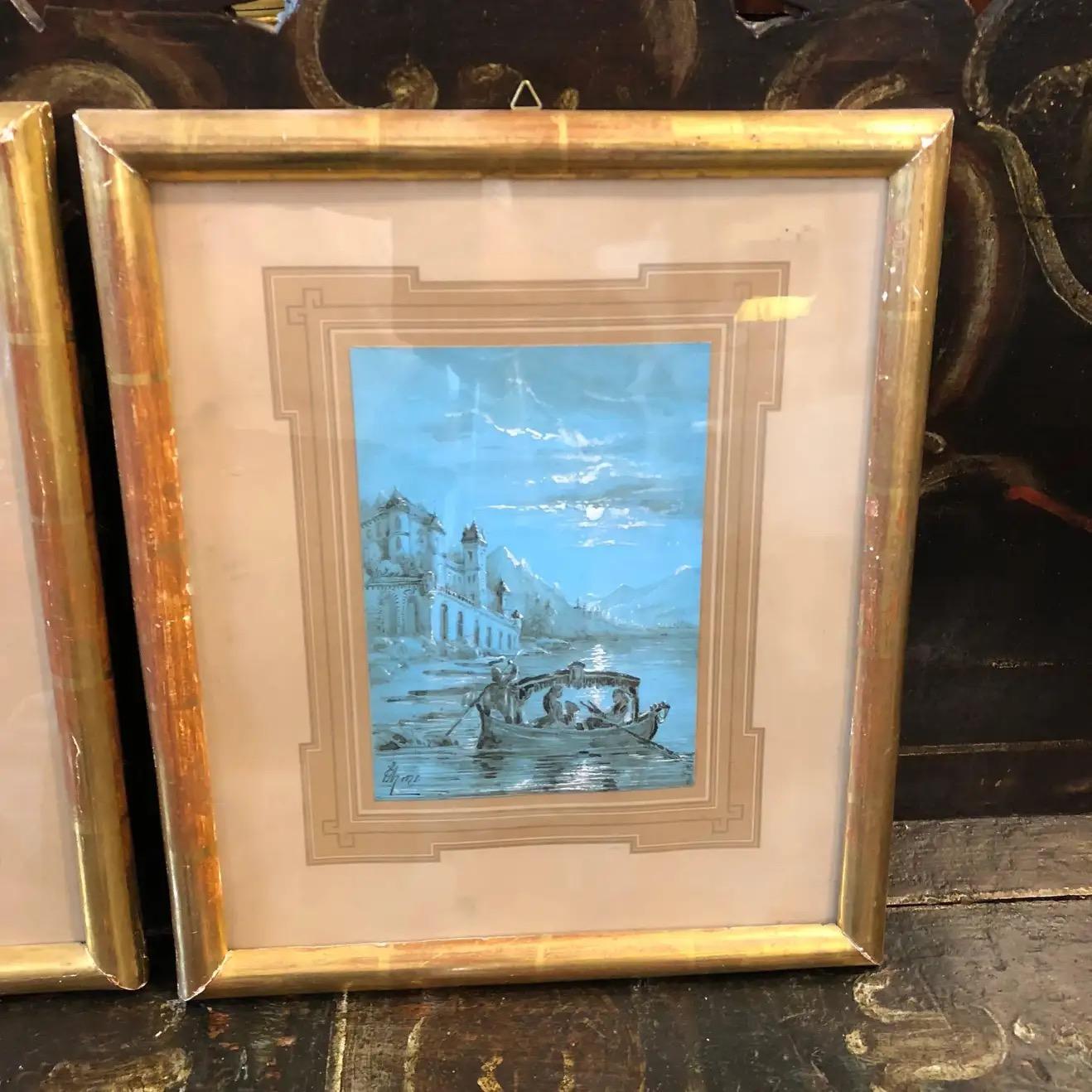 Louis Philippe Late 19th Century Framed Figurative Blue Neapolitan Gouache Paintings For Sale