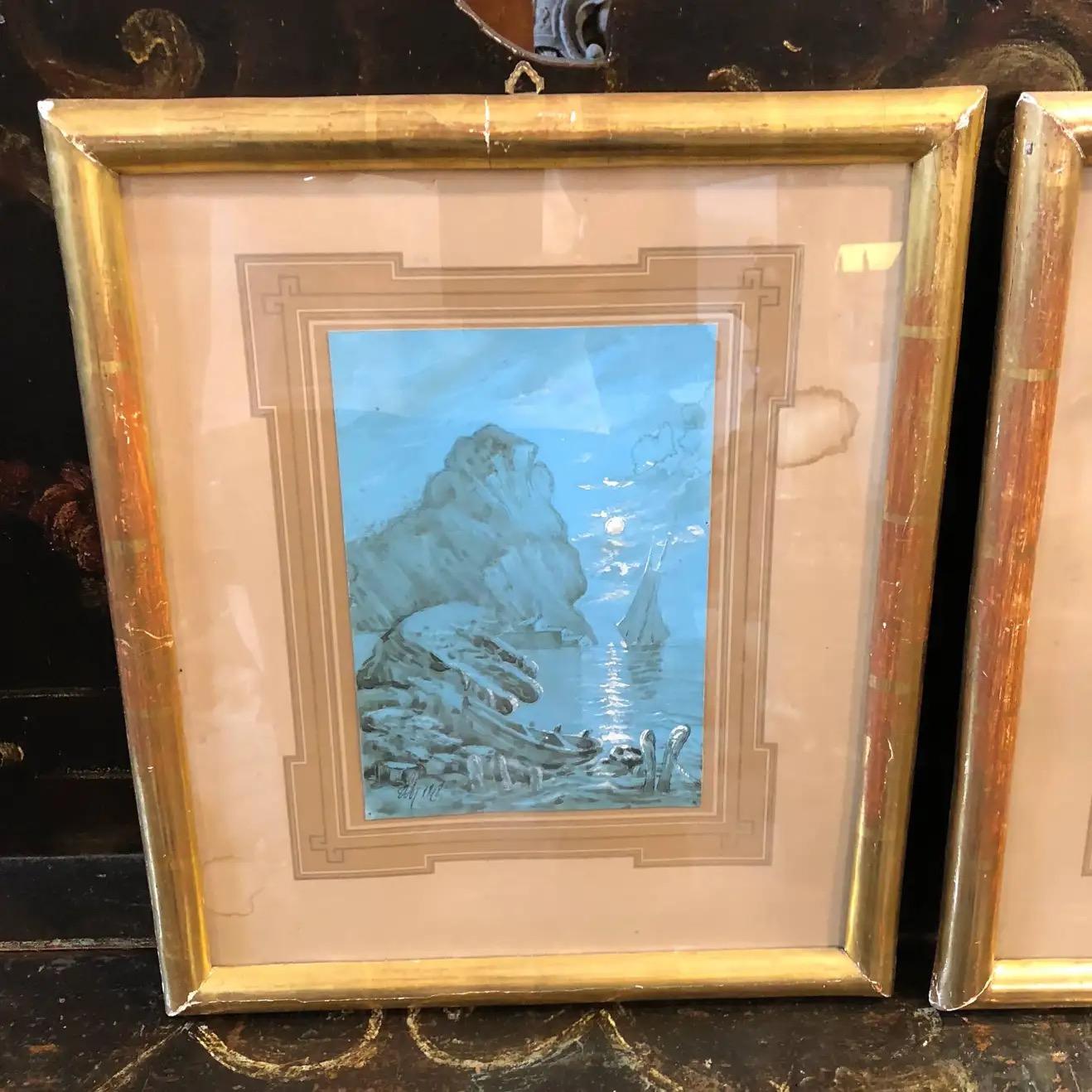 Hand-Painted Late 19th Century Framed Figurative Blue Neapolitan Gouache Paintings For Sale