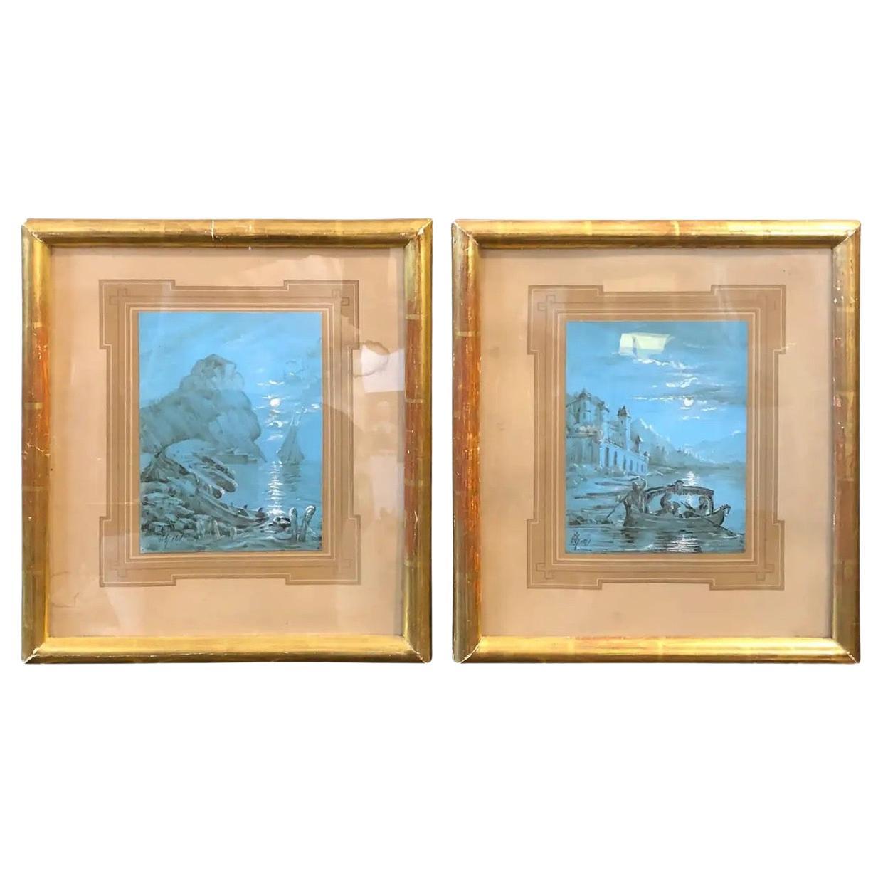 Late 19th Century Framed Figurative Blue Neapolitan Gouache Paintings