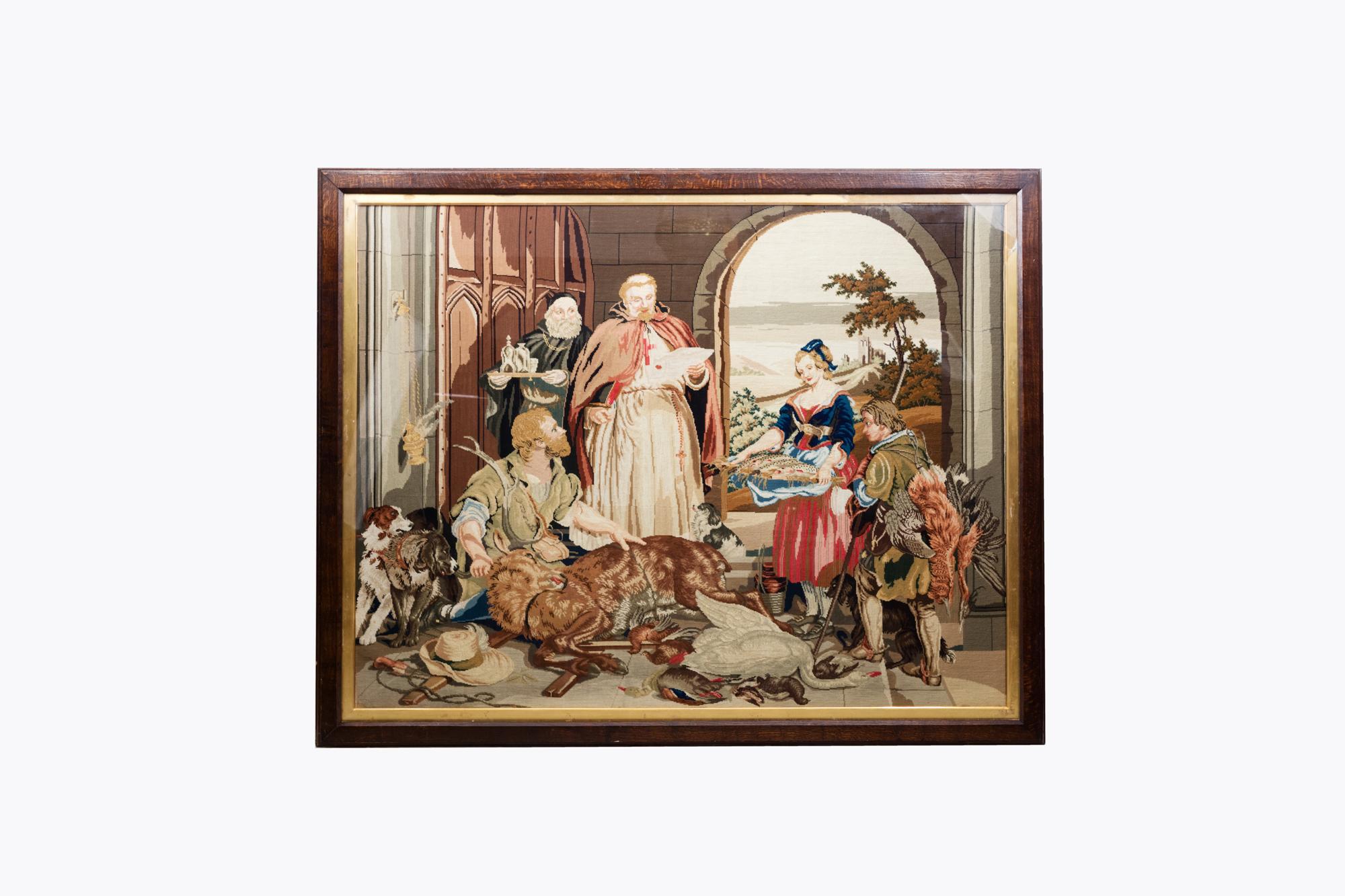 Late 19th Century framed needlework tapestry scene based on the painting ‘Bolton Abbey in the Olden Time’ by Sir Edwin Landseer, the original of which hangs in Chatsworth House, Devon. The tapestry is housed in an original wooden frame with gilt