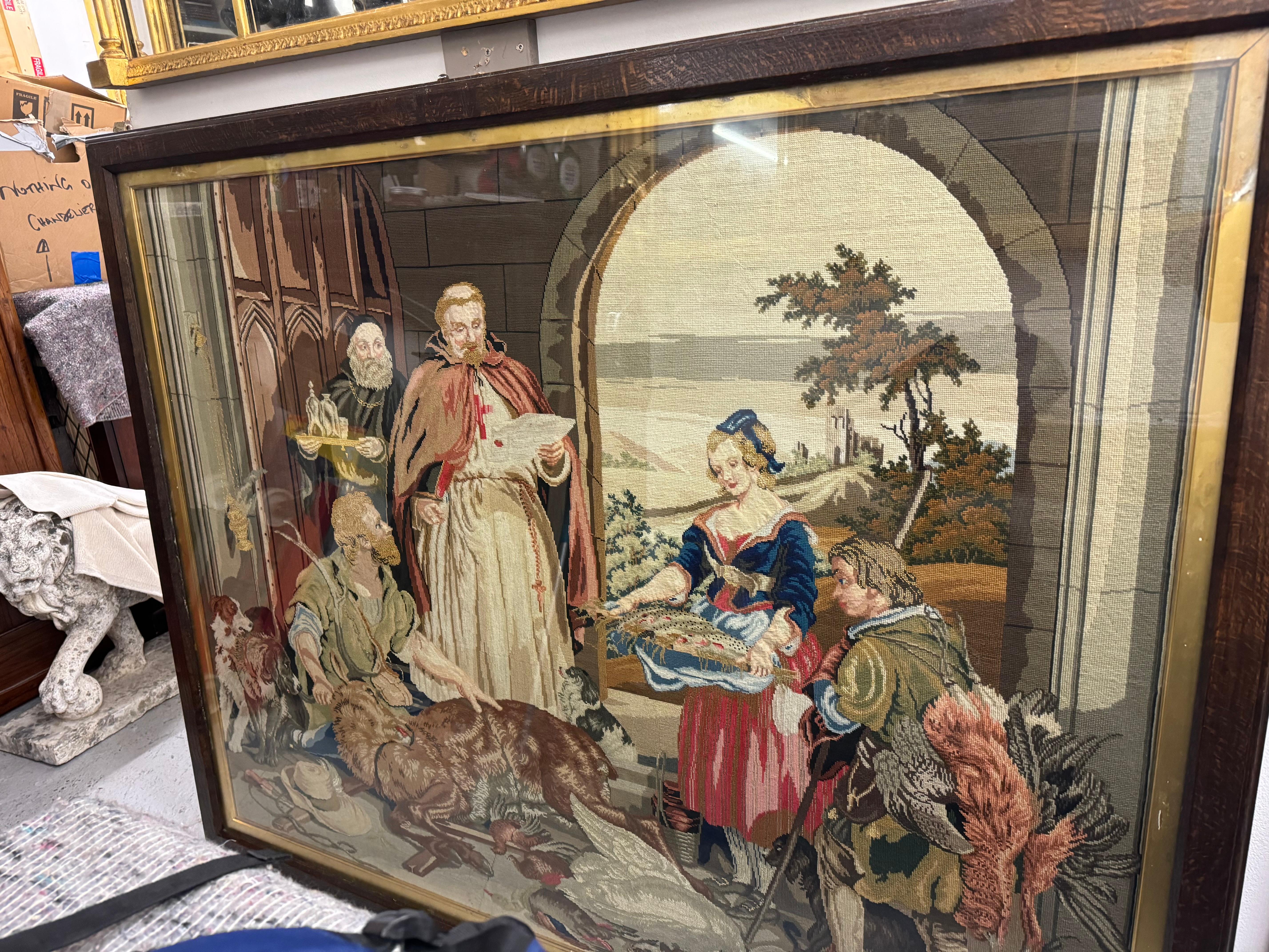 Romantic Late 19th Century Framed Needlework Tapestry Scene For Sale