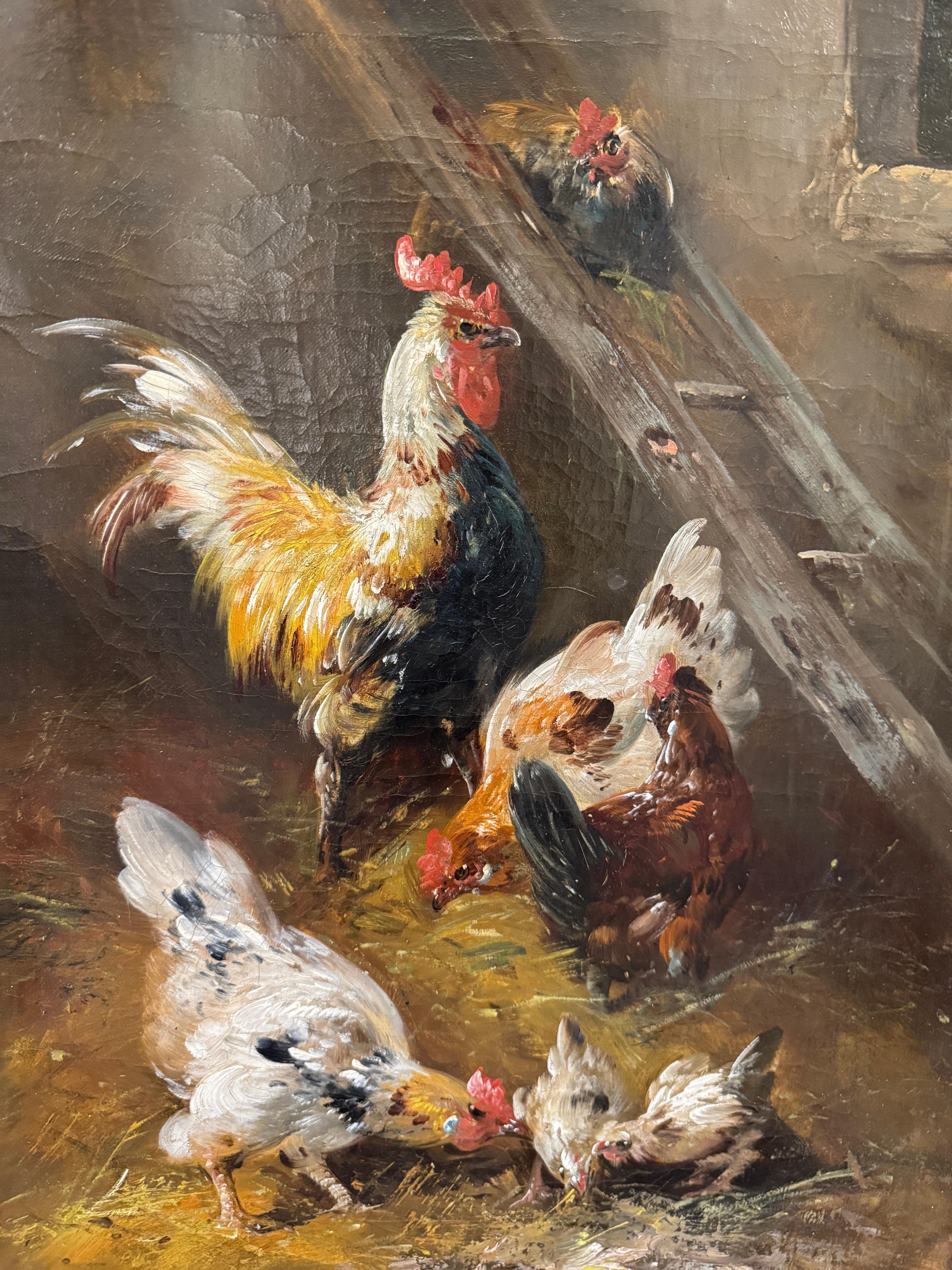 Olio su tela incorniciato della fine del XIX secolo, dipinto di galline belghe che si nutrono di Henry Schouten (1864-1927).  

Incorniciato in una cornice in legno dorato. Belgio, circa 1890.

Misure: 35