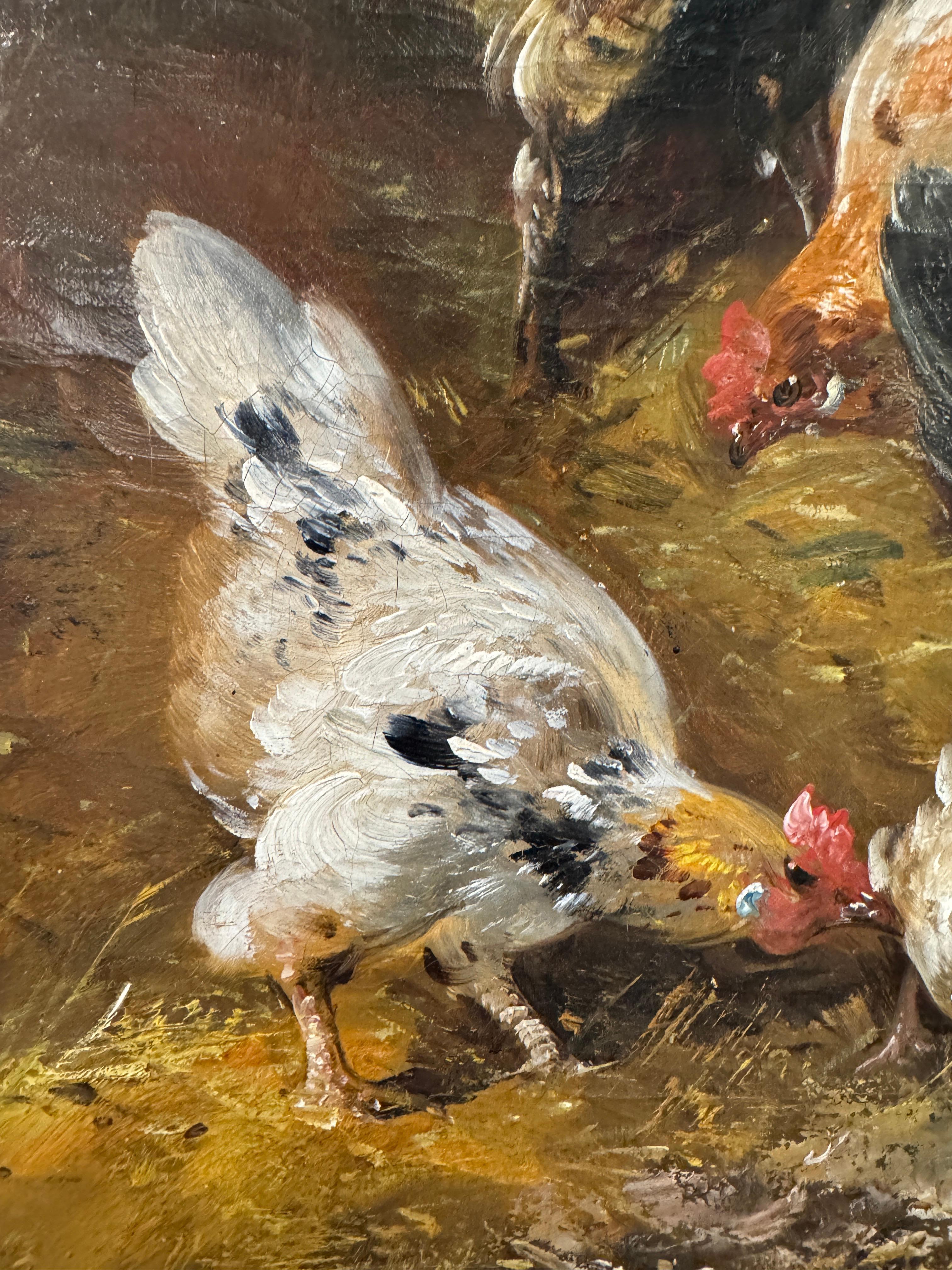 Country Pittura olio su tela della fine del XIX secolo con cornice raffigurante galline belghe che si nutrono in vendita