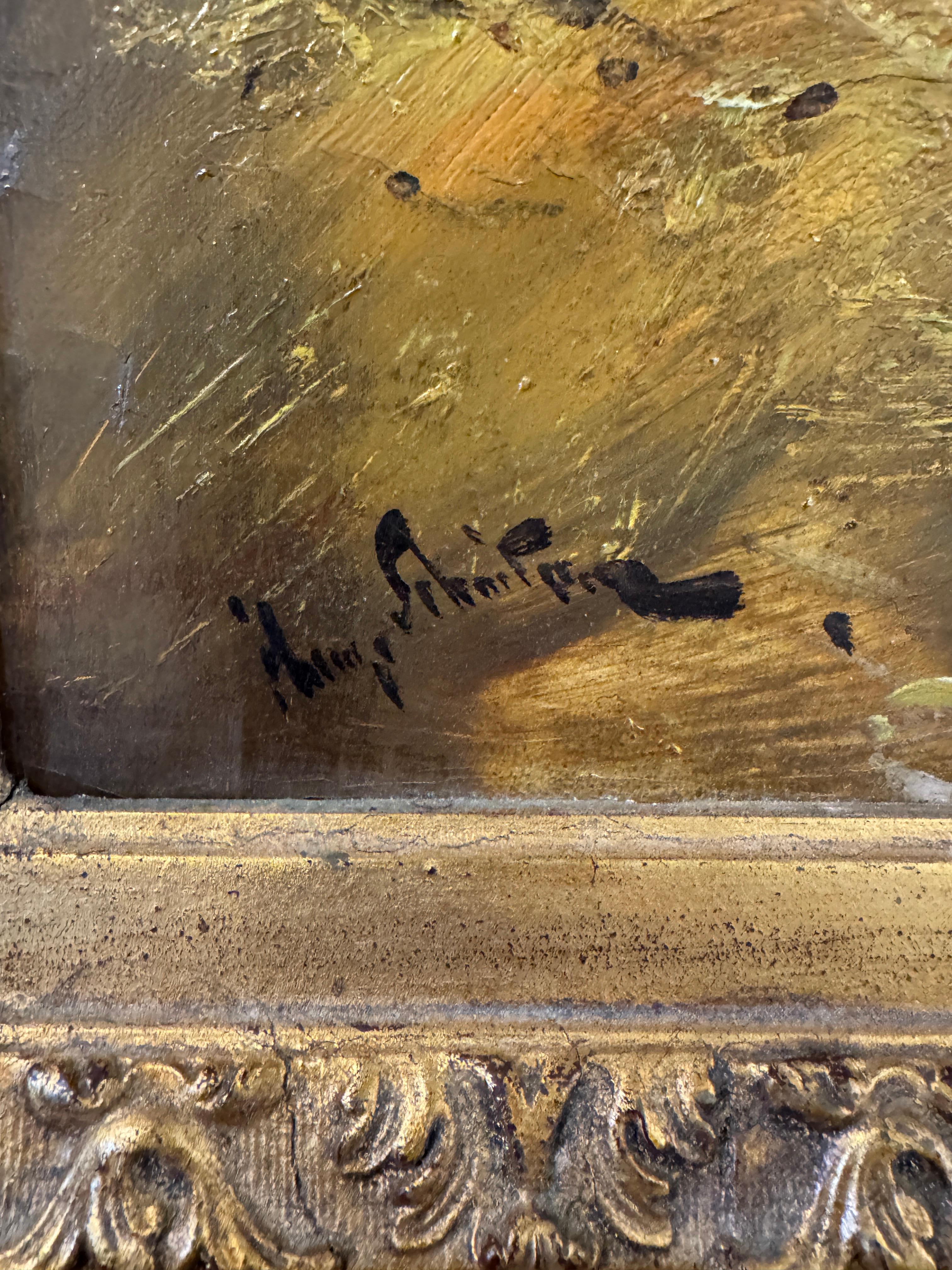 Belga Pittura olio su tela della fine del XIX secolo con cornice raffigurante galline belghe che si nutrono in vendita