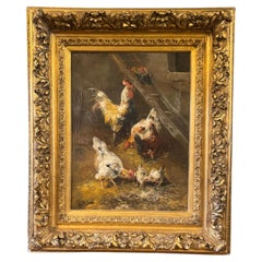 Pittura olio su tela della fine del XIX secolo con cornice raffigurante galline belghe che si nutrono