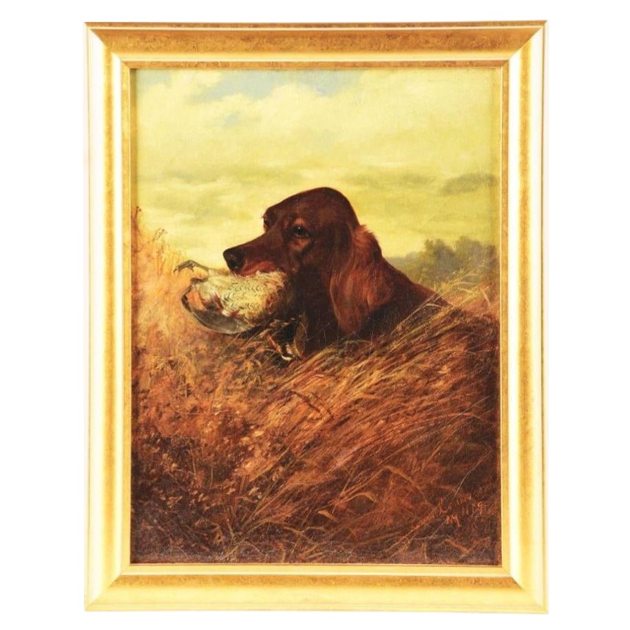 Late 19th Century Framed Oil on Canvas Painting of Irish Setter Holding Bird