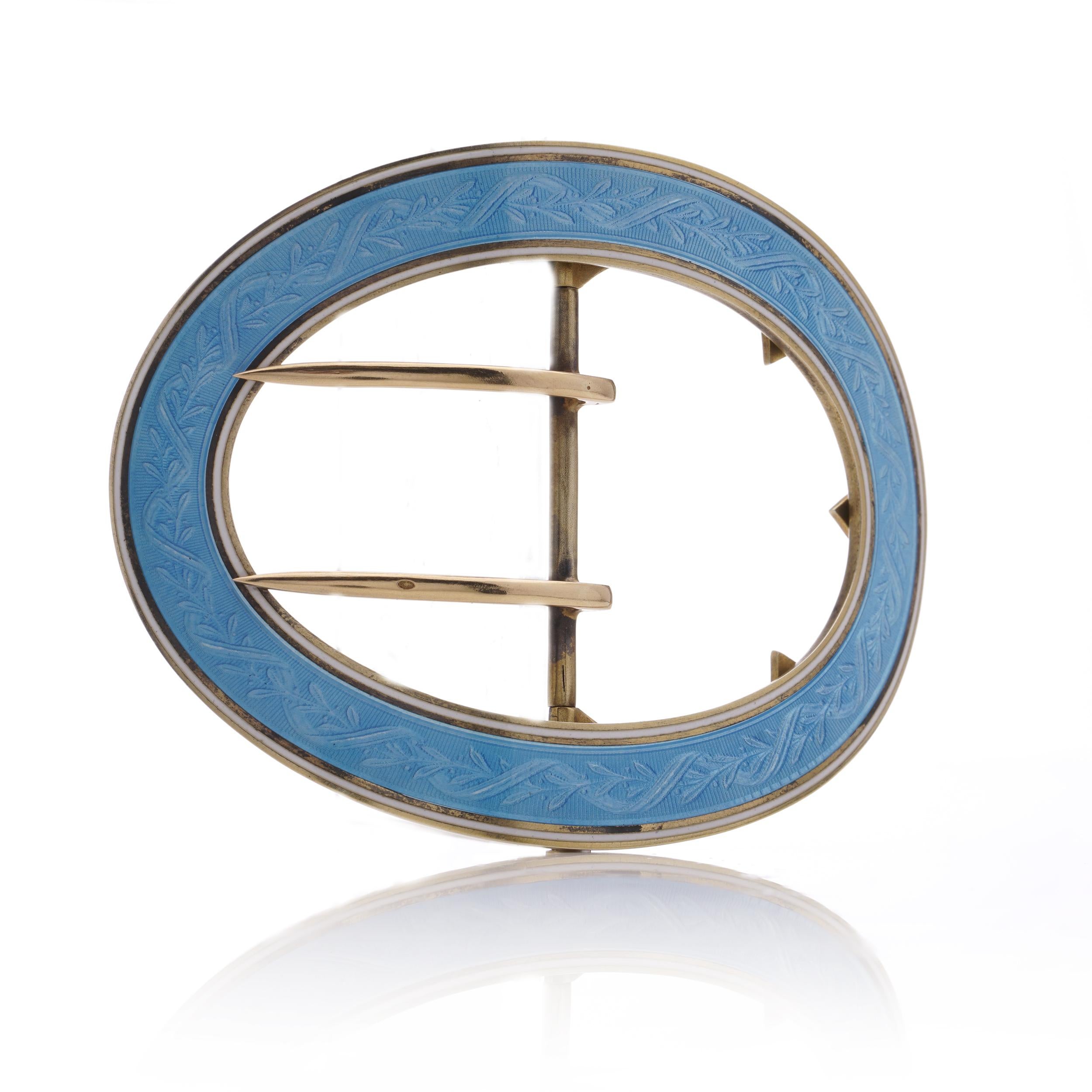 Late 19th century French 800. silver and blue enamel belt buckle In Good Condition For Sale In Braintree, GB