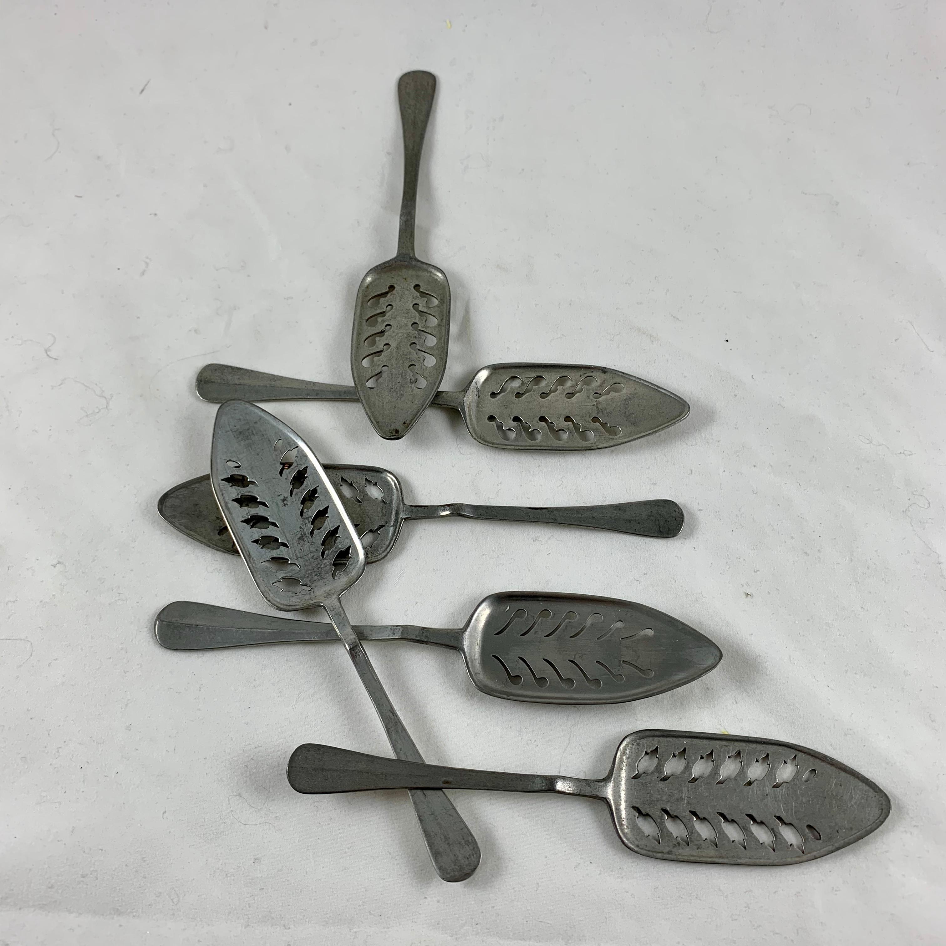 Late 19th Century French Absinthe Slotted Metal Sugar Spoons, a mixed set of six 6