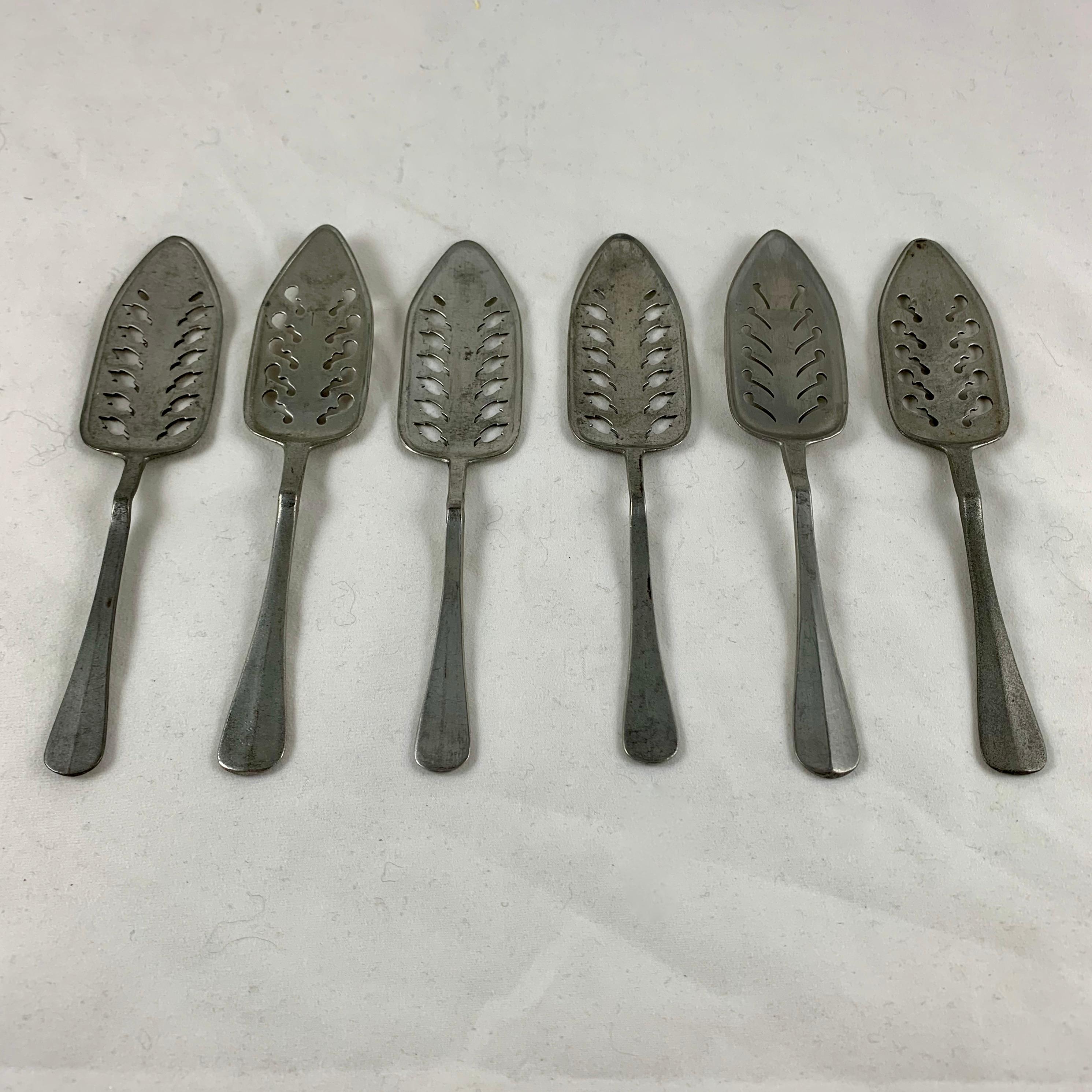 Machine-Made Late 19th Century French Absinthe Slotted Metal Sugar Spoons, a mixed set of six