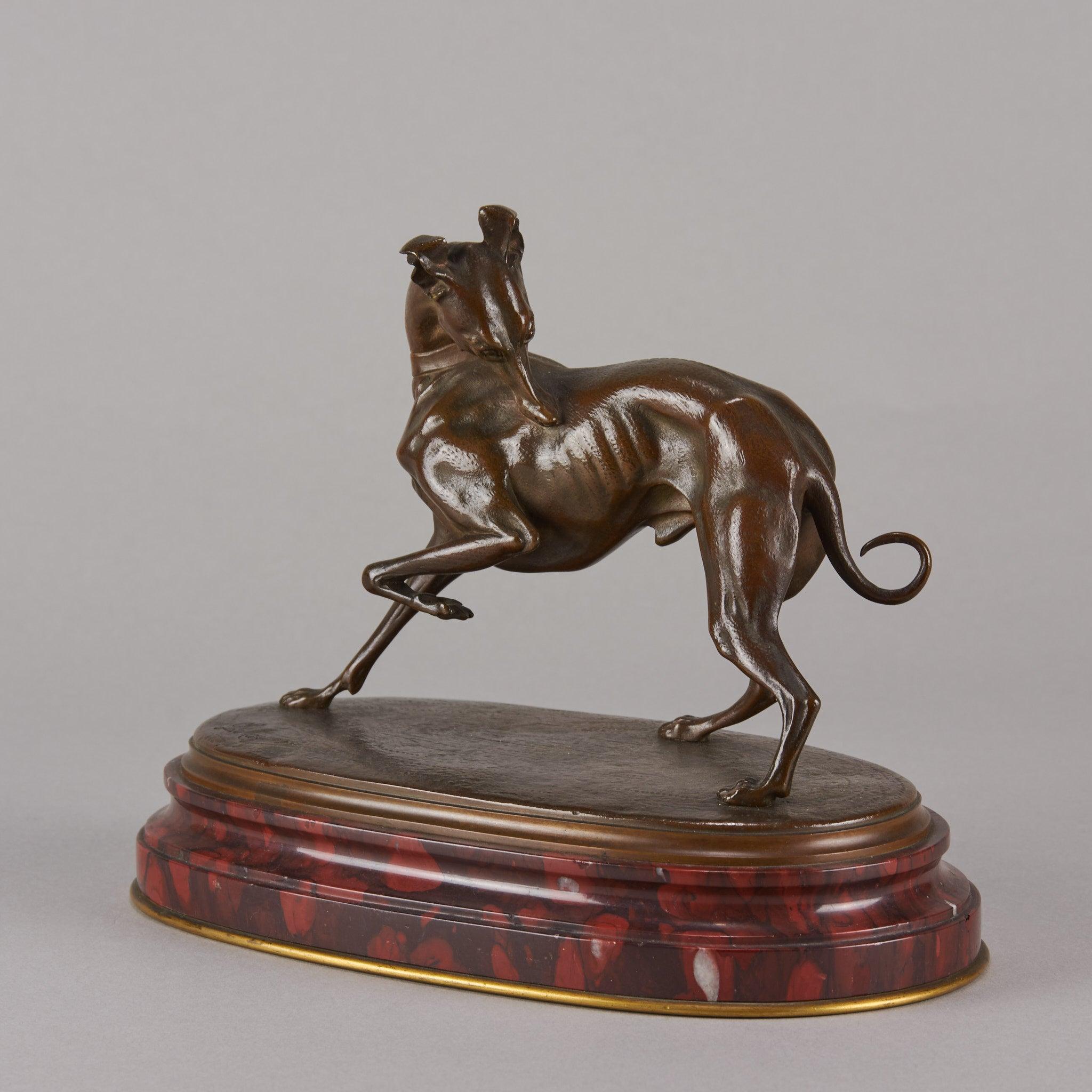 Delightful late19th century French Animaliers bronze study of a turning whippet looking around in an attitude to play, with rich brown colour and fine hand chased surface detail. Signed L Mayer and raised on an oval rouge griotte marble