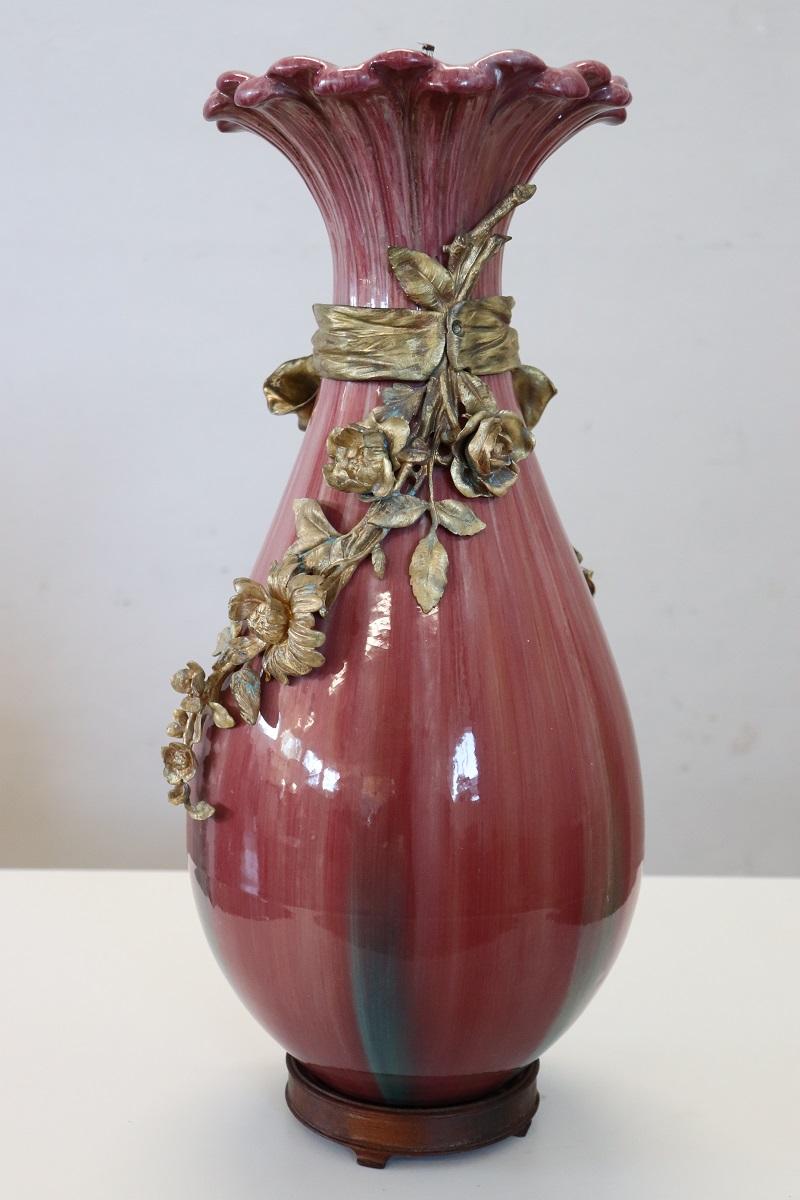 Antike französische Keramikvase des späten 19. Jahrhunderts mit Bronzeverzierungen im Zustand „Gut“ im Angebot in Casale Monferrato, IT