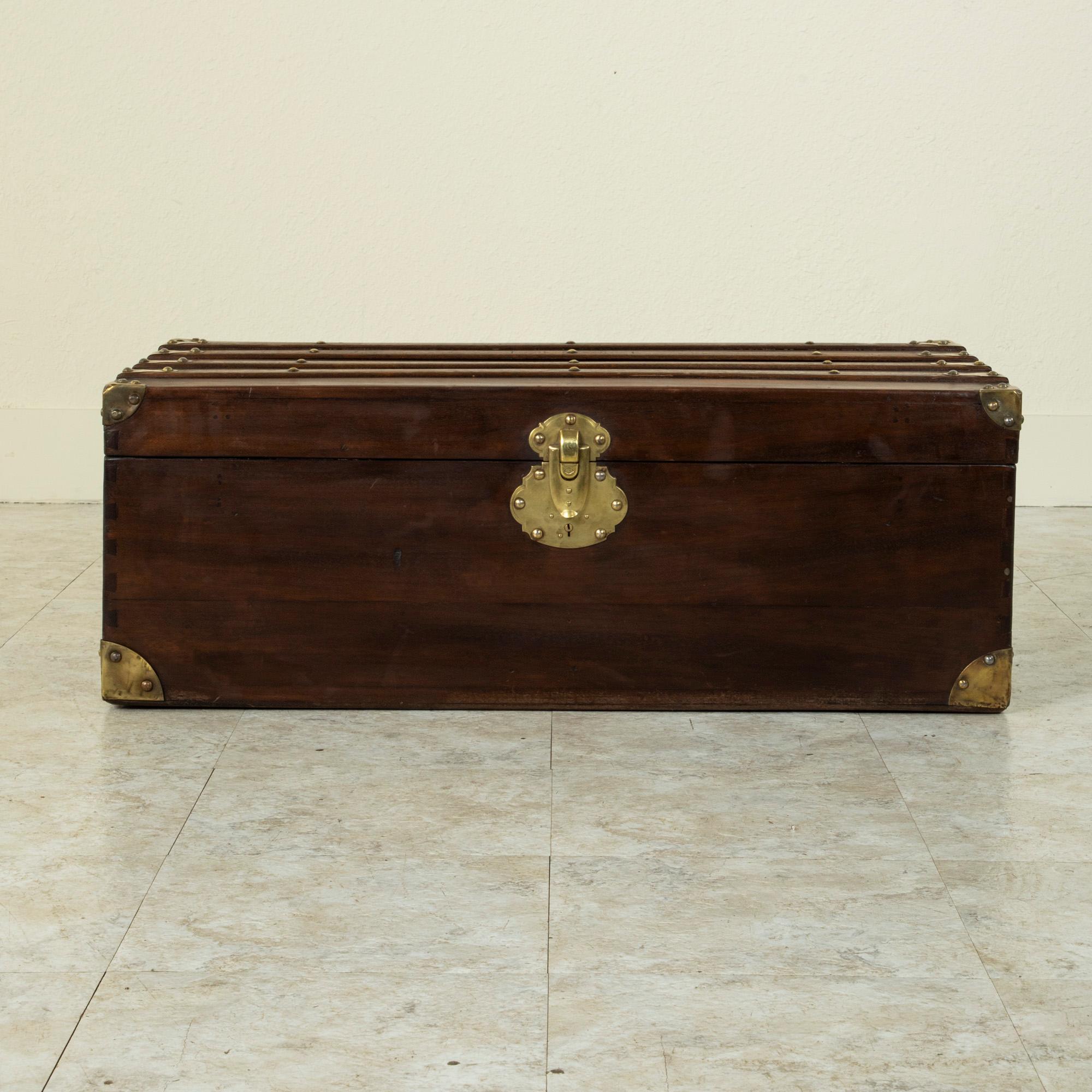 Late 19th Century French Art Nouveau Period Walnut and Brass Trunk In Good Condition In Fayetteville, AR