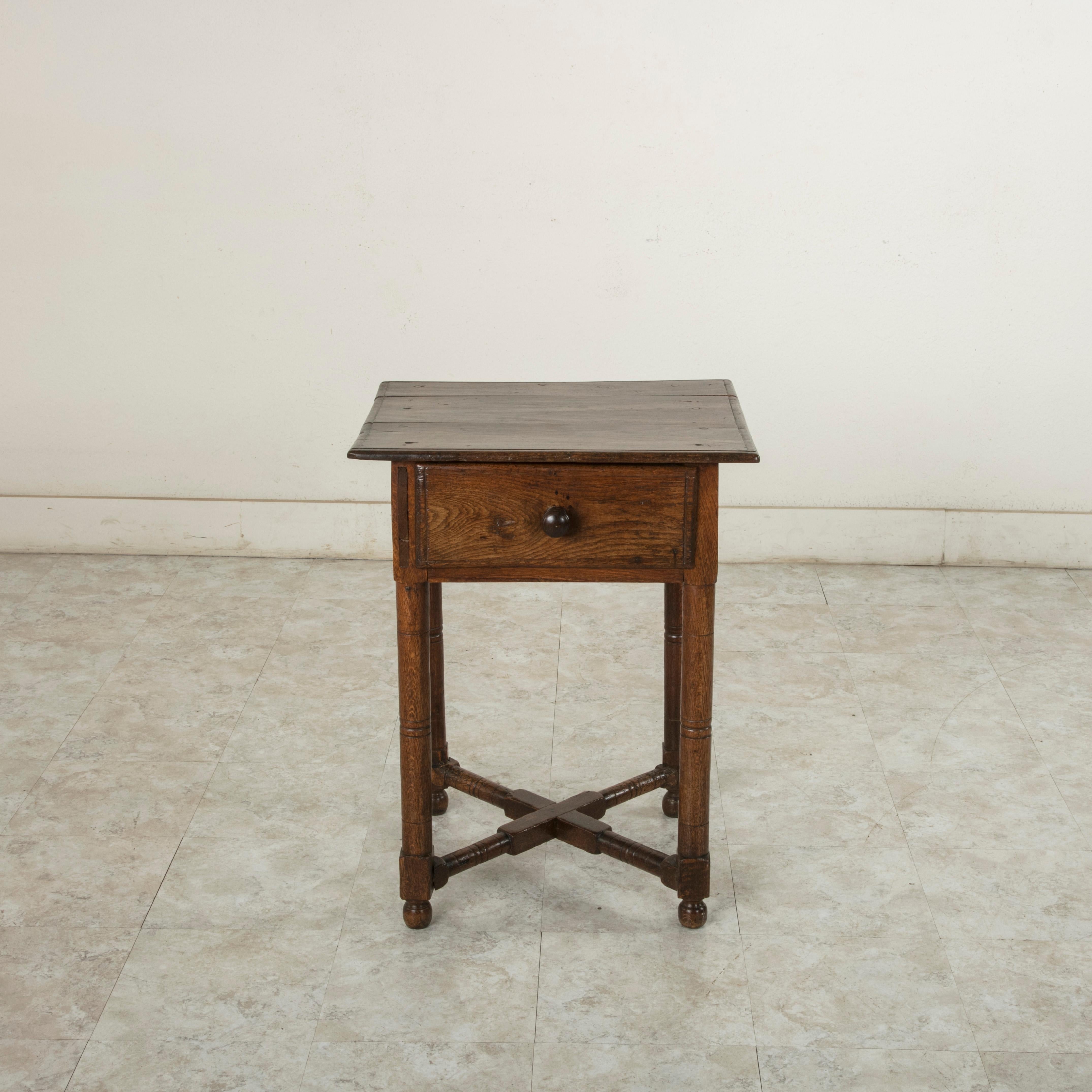 Rustic Late 19th Century French Artisan Made Oak Side table or End Table with Drawer