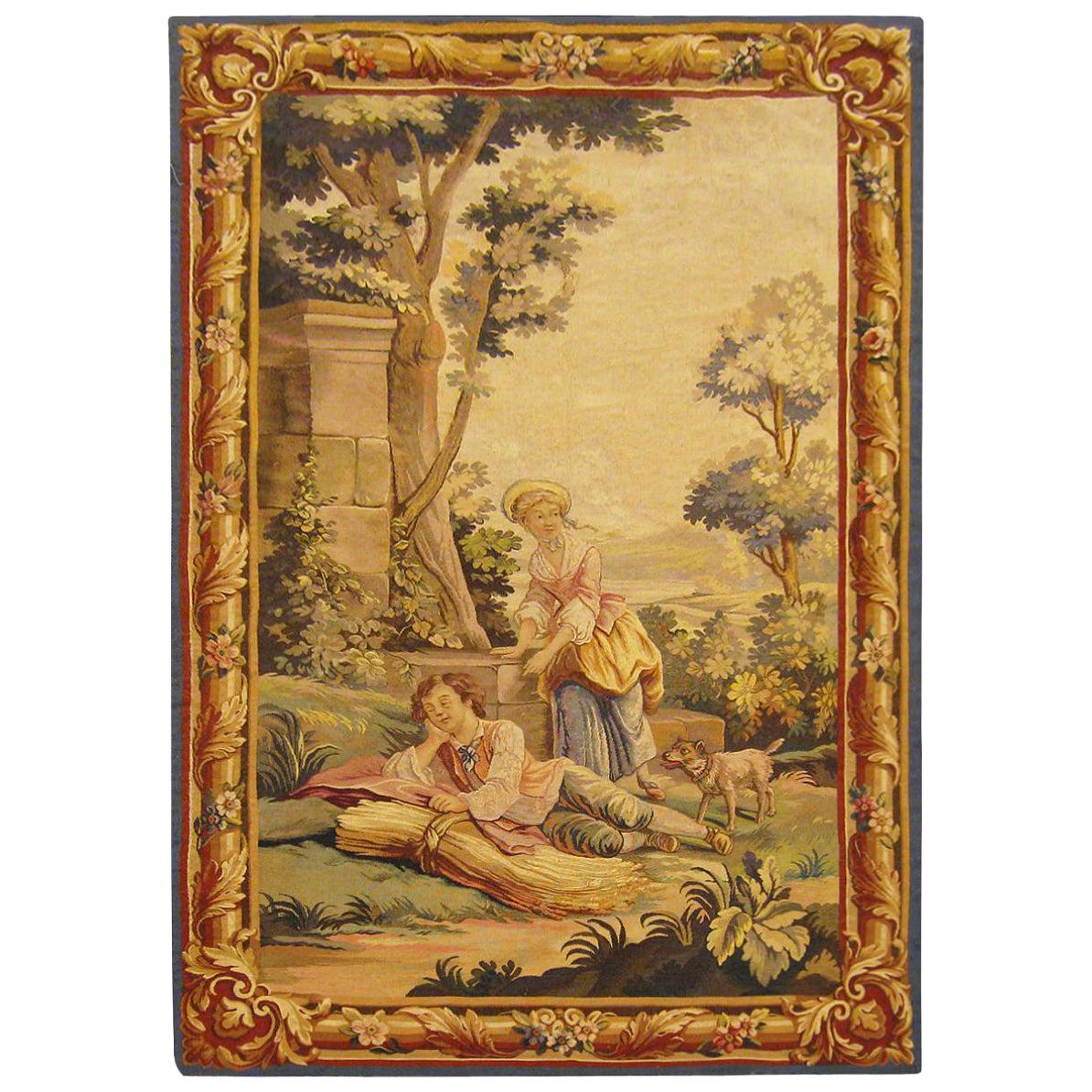 Late 19th Century French Aubusson Rustic Pastoral Tapestry, People in Repose For Sale