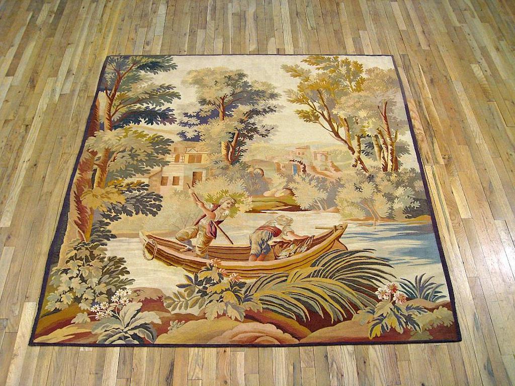 Hand-Woven Late 19th Century French Aubusson Rustic Tapestry, with Fishermen at Sea