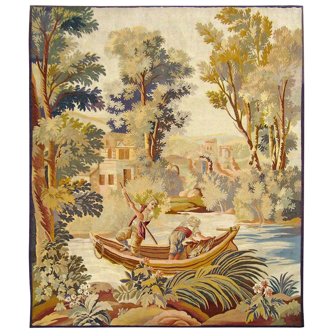 Late 19th Century French Aubusson Rustic Tapestry, with Fishermen at Sea