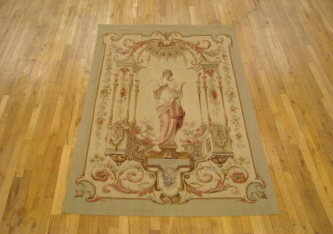A French Aubusson mythological tapestry from the late 19th century, circa 1890, featuring the foremost of the nine muses from Greek mythology, Calliope. Calliope and the muses were the sources of inspiration for artists and musicians, and she was