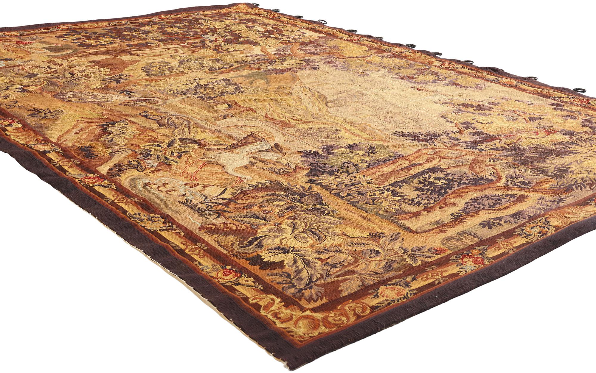 79208 Arazzo Aubusson francese antico della fine del XIX secolo, 06'00 x 08'10. Un sontuoso panorama di incanto pastorale si dispiega su questo arazzo francese Aubusson tessuto a mano, un capolavoro di lana e seta che respira lo spirito romantico