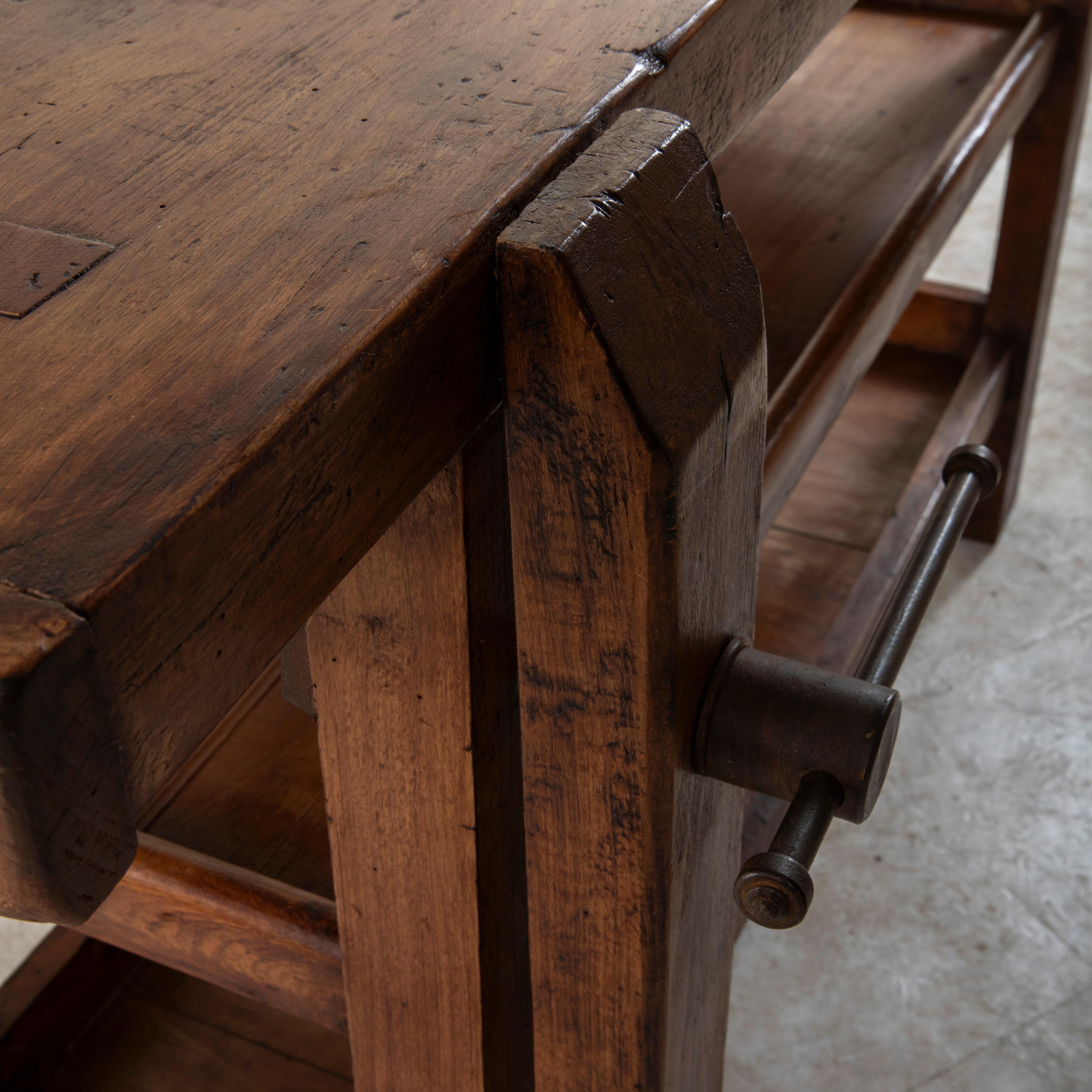 Late 19th Century French Beechwood and Iron Workbench with Vise, Drawer, Shelves 7