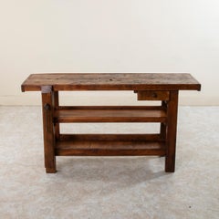 Late 19th Century French Beechwood and Iron Workbench with Vise, Drawer, Shelves