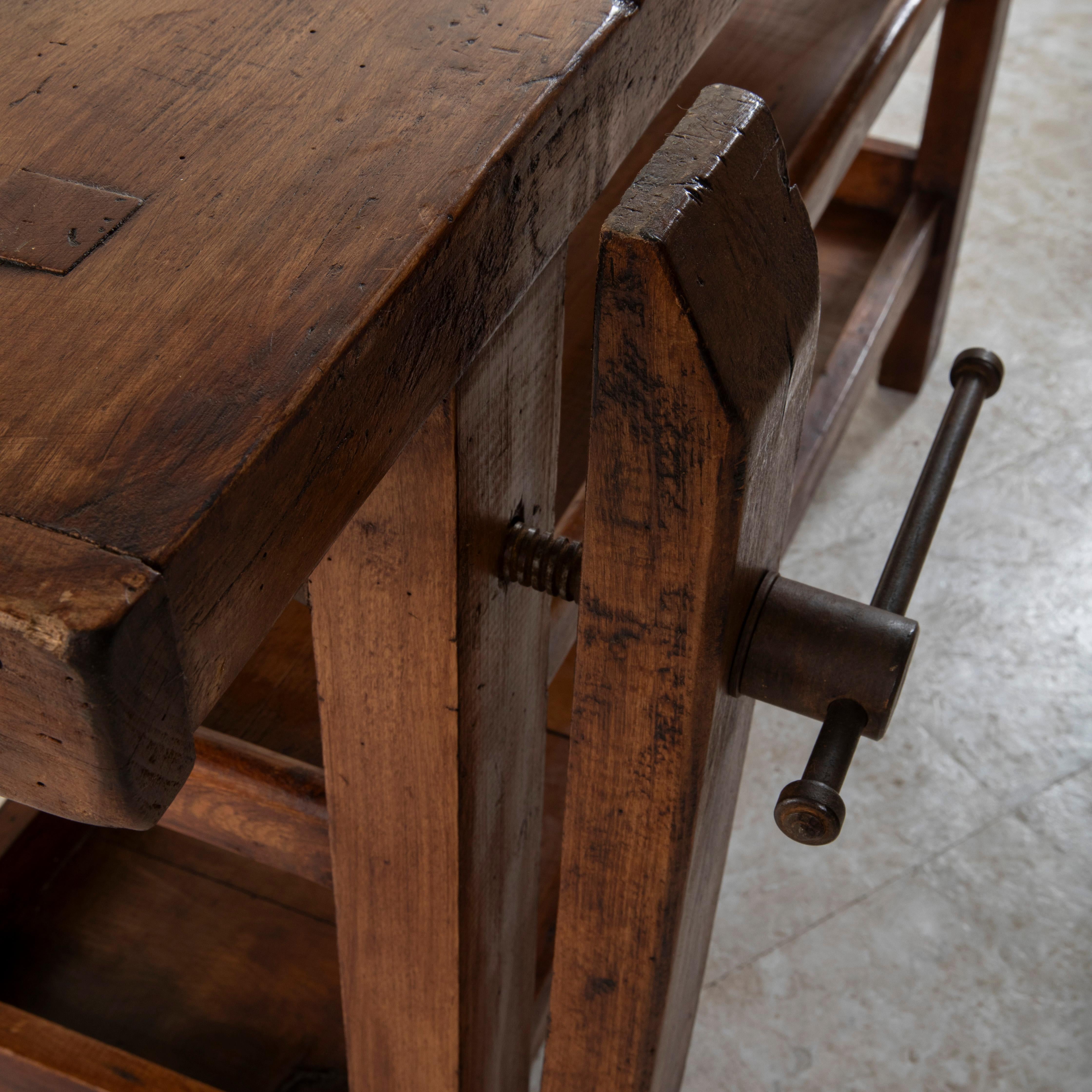 Late 19th Century French Beechwood and Iron Workbench with Vise, Drawer, Shelves 6