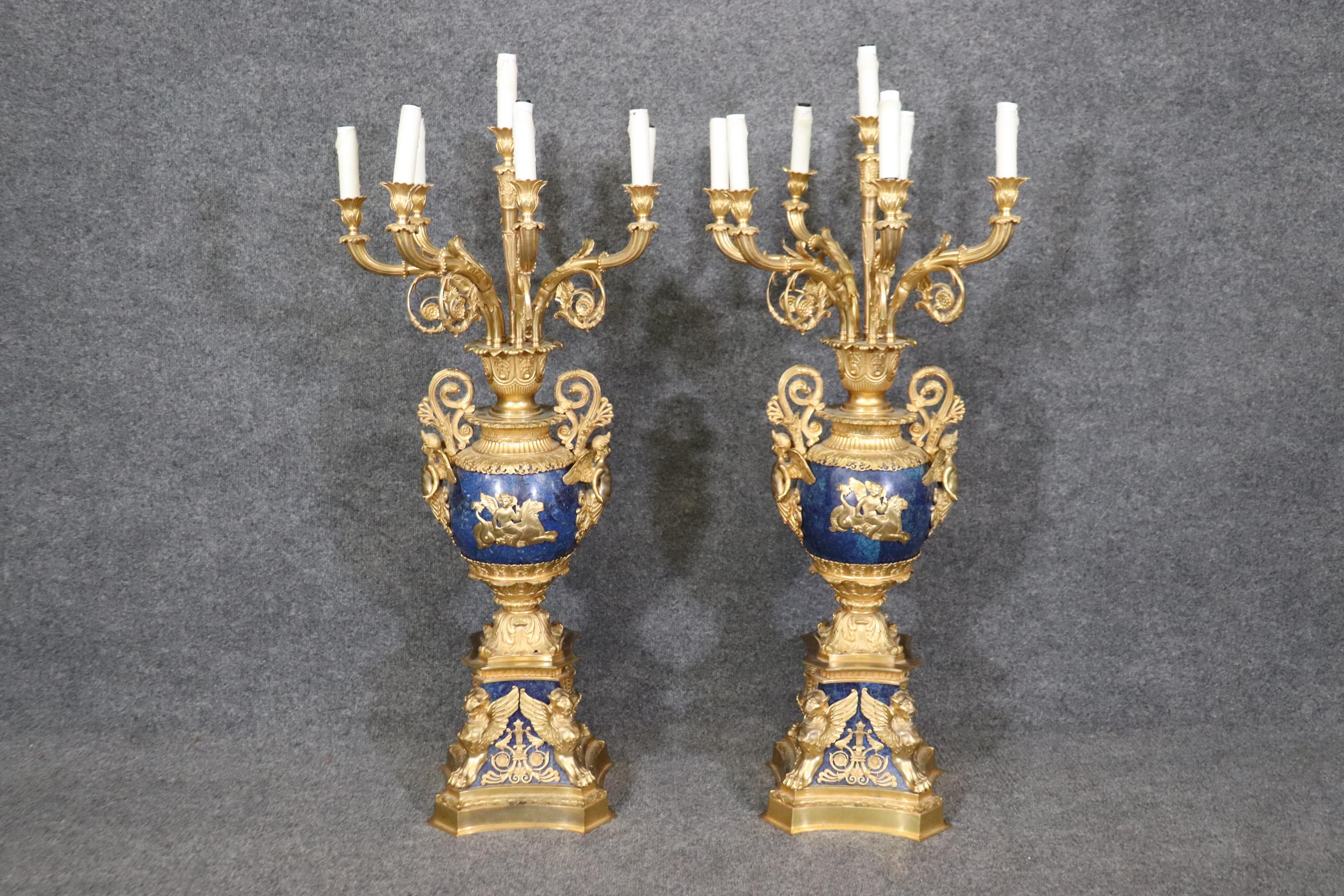 Late 19th Century French Belle Epoque Dore' Bronze and Lapis Lazuli Candelabra For Sale 6