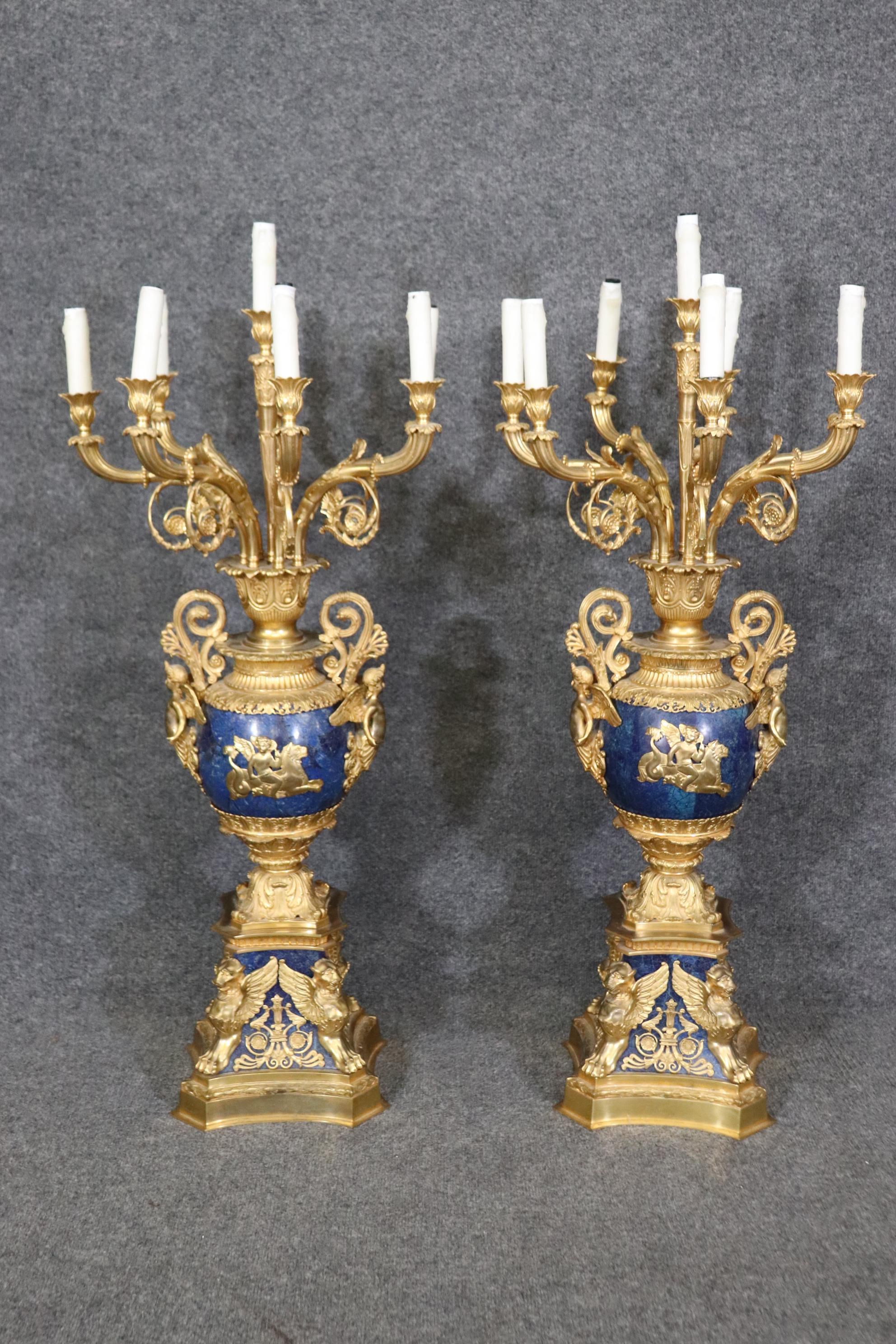 Late 19th Century French Belle Epoque Dore' Bronze and Lapis Lazuli Candelabra For Sale 7