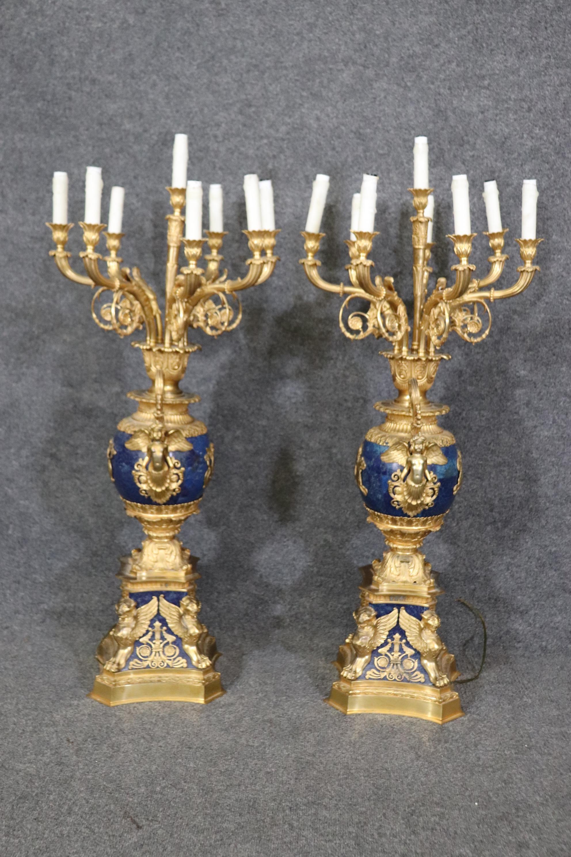 Late 19th Century French Belle Epoque Dore' Bronze and Lapis Lazuli Candelabra For Sale 8