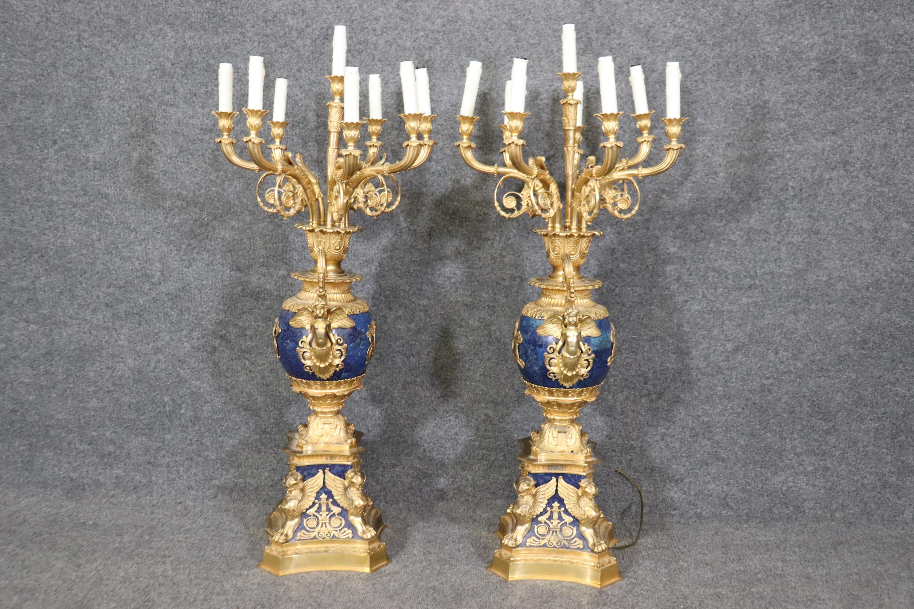 Late 19th Century French Belle Epoque Dore' Bronze and Lapis Lazuli Candelabra For Sale 9