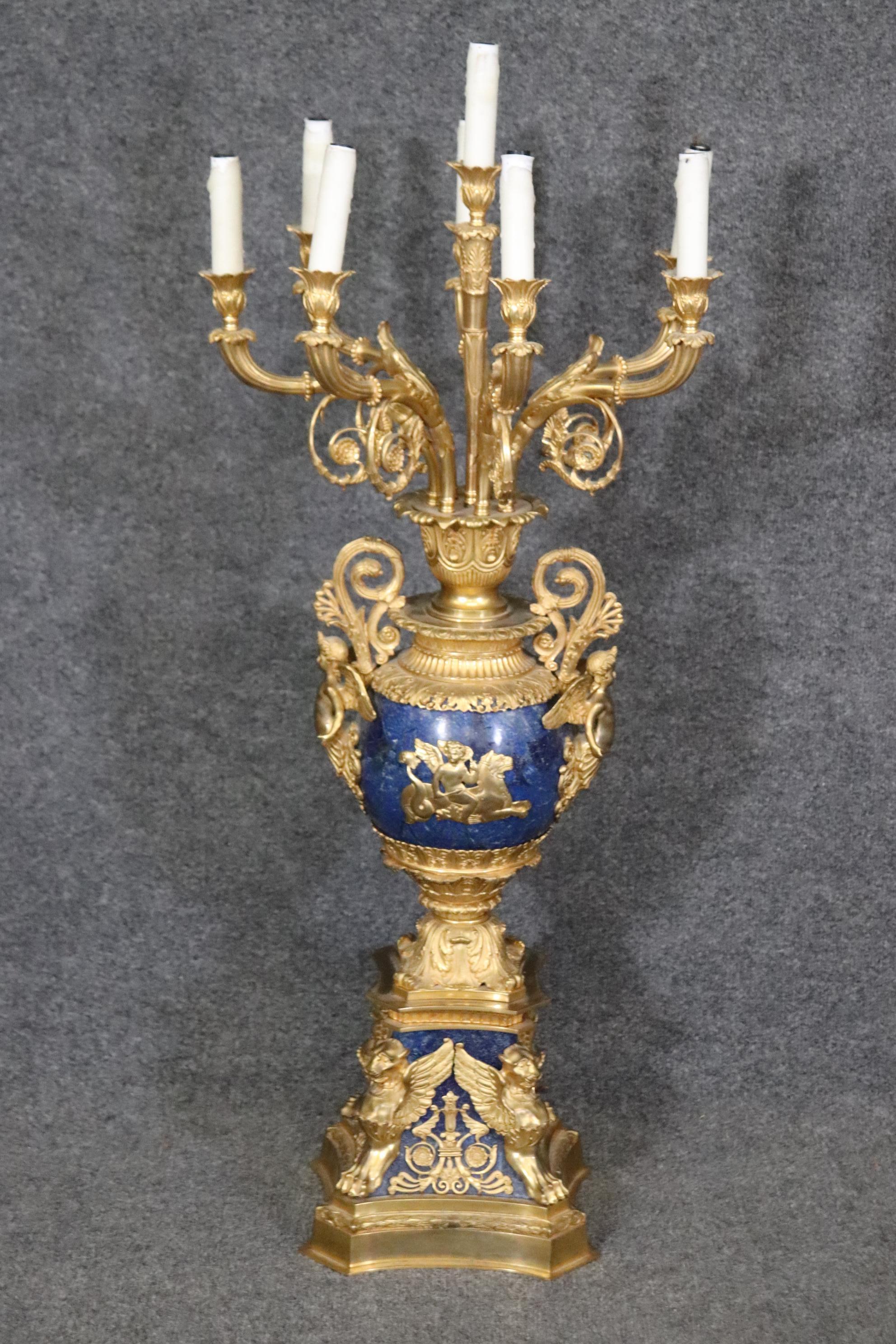Late 19th Century French Belle Epoque Dore' Bronze and Lapis Lazuli Candelabra For Sale 11