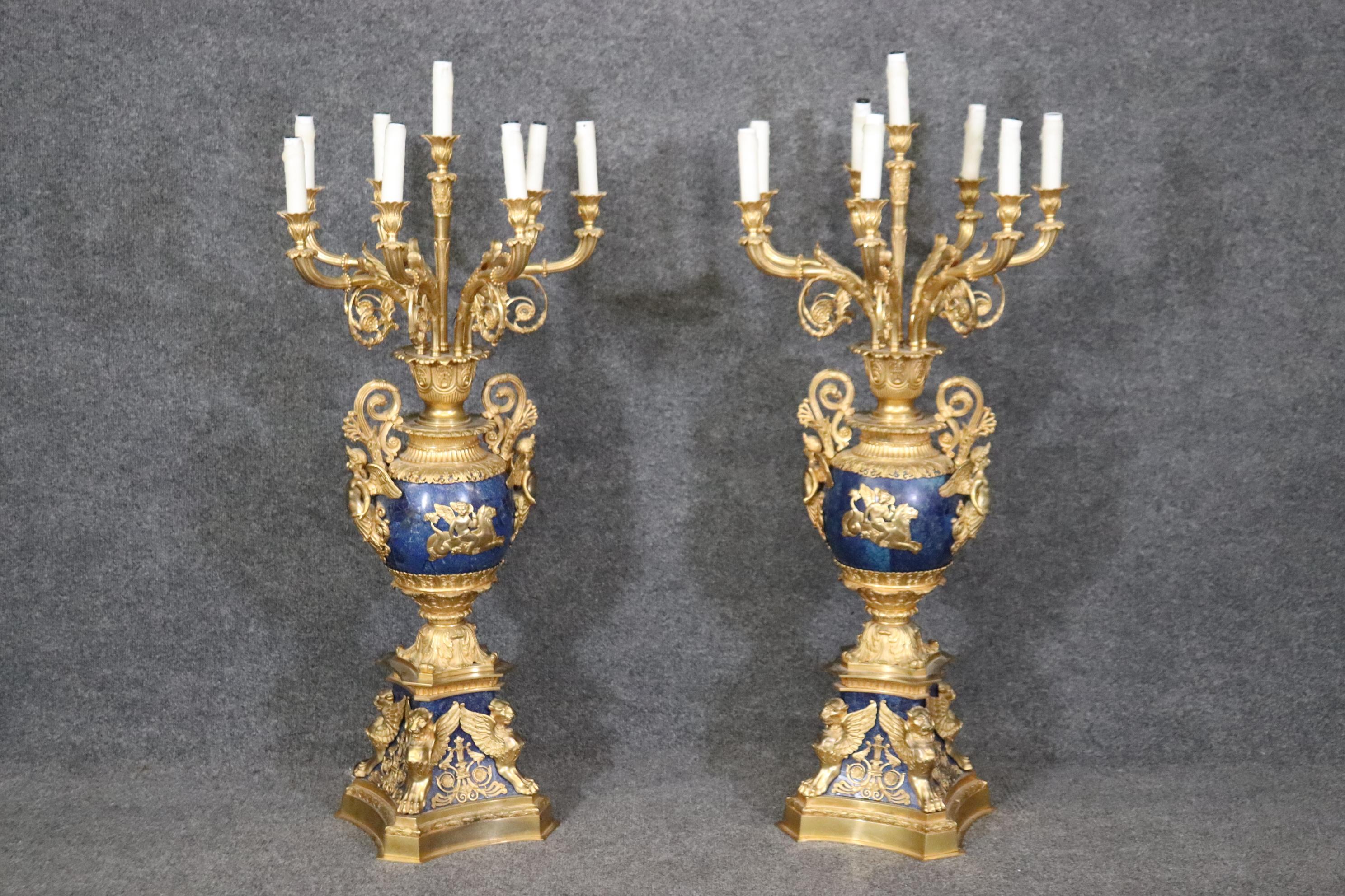Late 19th Century French Belle Epoque Dore' Bronze and Lapis Lazuli Candelabra For Sale 4