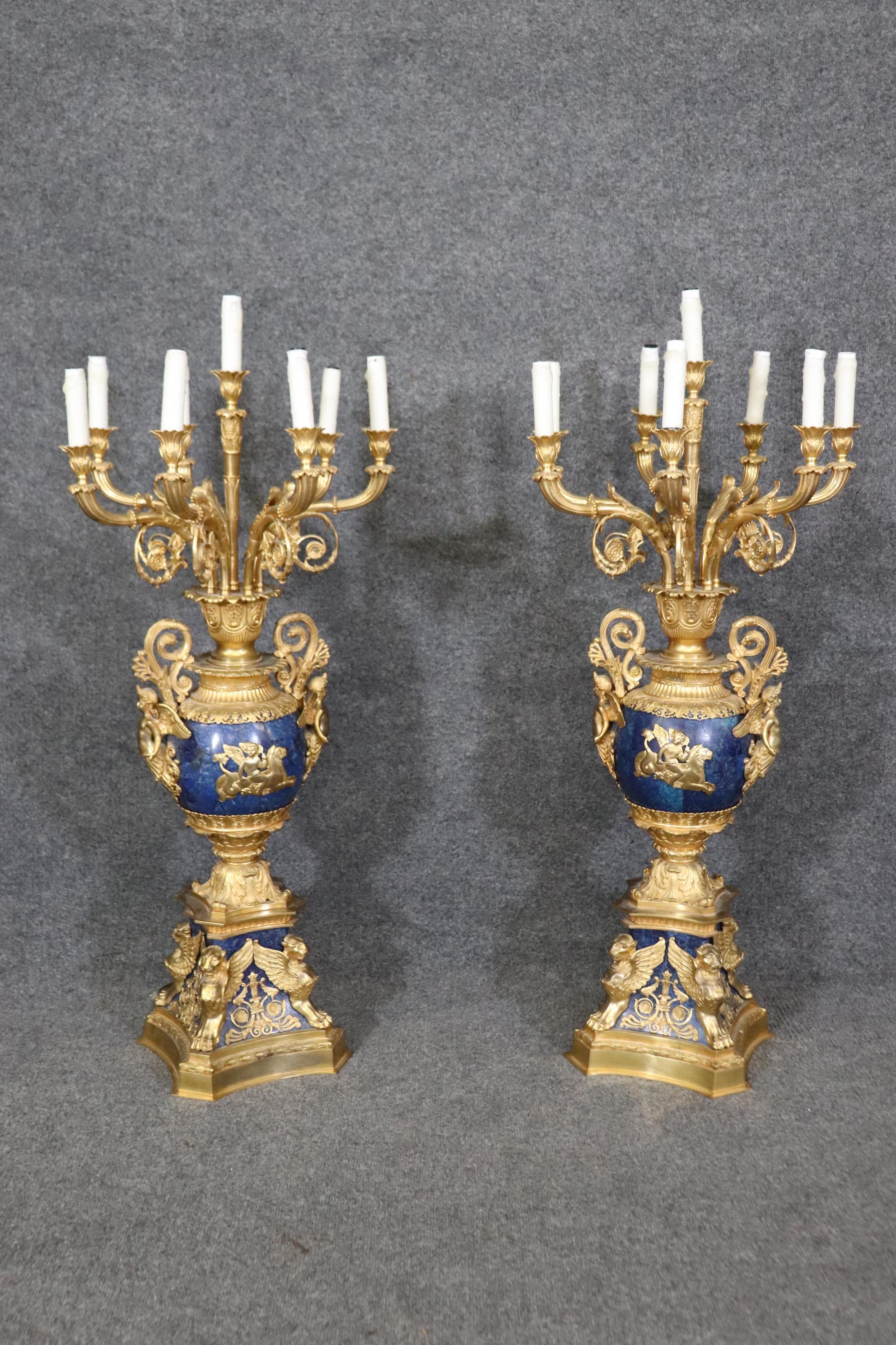 Late 19th Century French Belle Epoque Dore' Bronze and Lapis Lazuli Candelabra For Sale 5