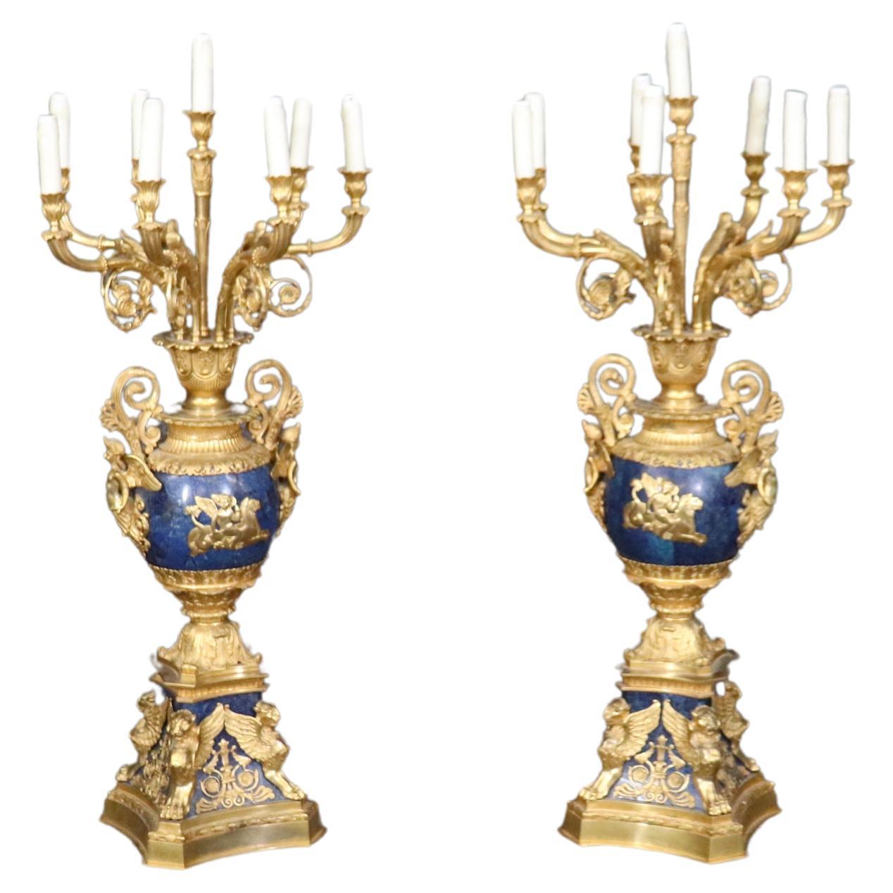 Late 19th Century French Belle Epoque Dore' Bronze and Lapis Lazuli Candelabra For Sale