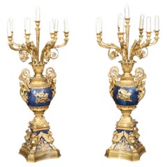 Antique Late 19th Century French Belle Epoque Dore' Bronze and Lapis Lazuli Candelabra