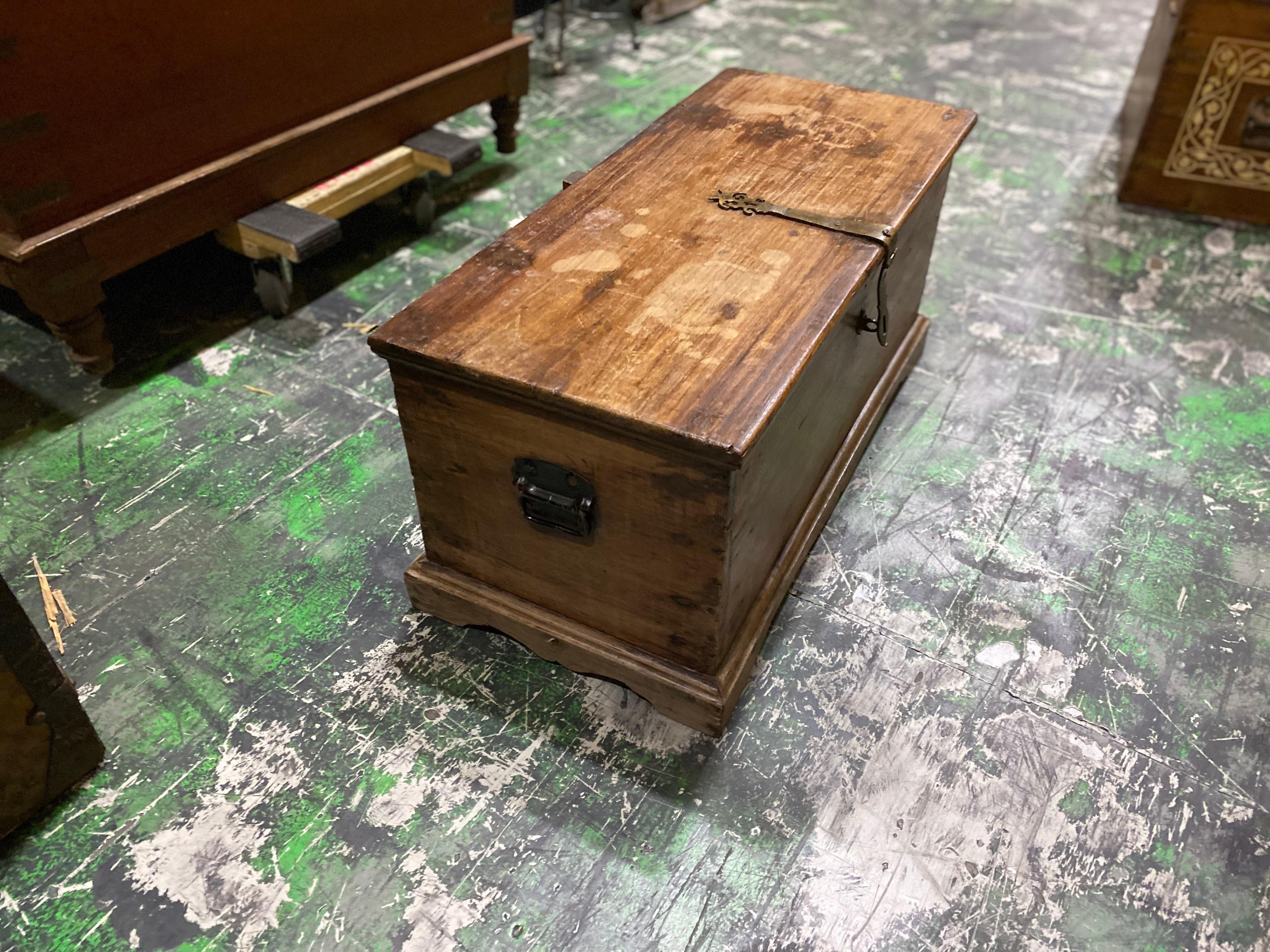 Late 19th Century French Bible Box, Trunk, Blanket chest.
Likely used as a chest to hold sacred items such as a bible, music manuscripts, candles, etc. A simply constructed wood box with no decoration except the original brass strap hinge with