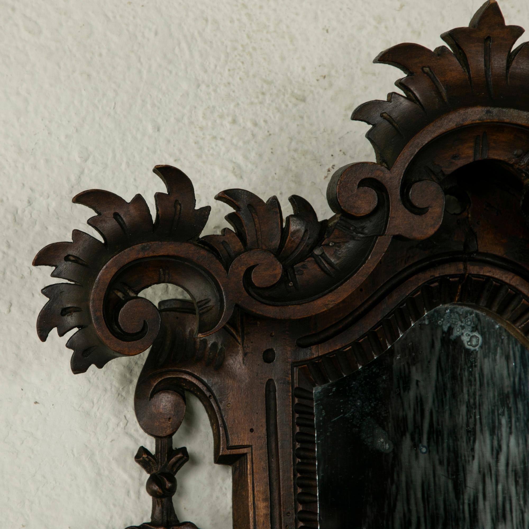Late 19th Century French Black Forest Hand Carved Walnut Wall Mirror with Shelf 1