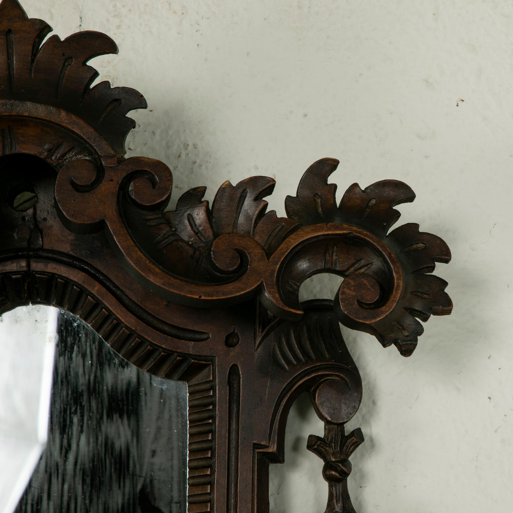 Late 19th Century French Black Forest Hand Carved Walnut Wall Mirror with Shelf 2