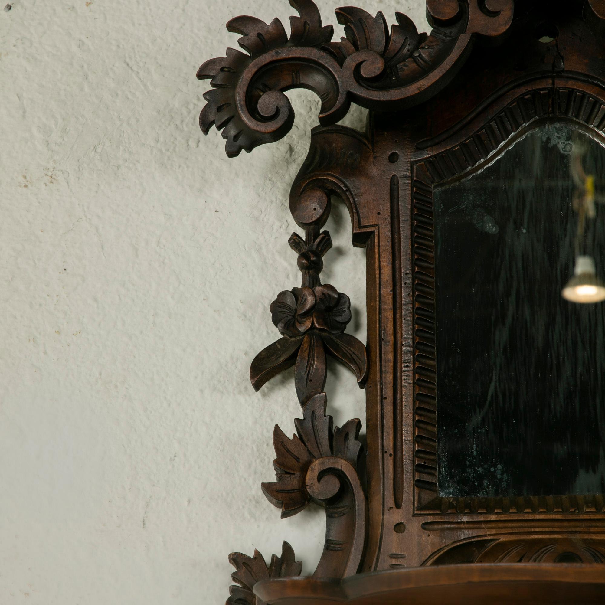 Late 19th Century French Black Forest Hand Carved Walnut Wall Mirror with Shelf 4