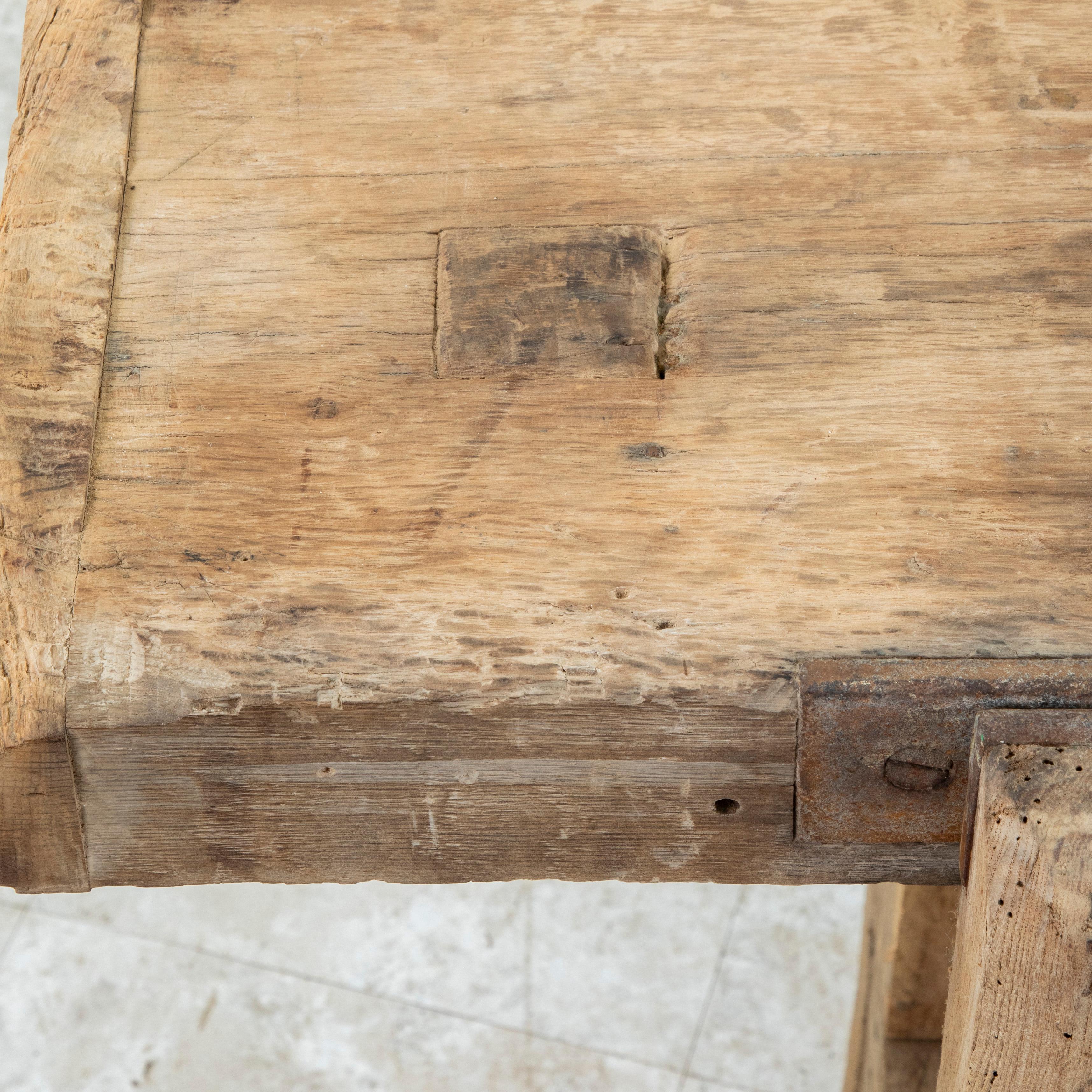Late 19th Century French Bleached Oak Workbench with Vise, Drawer, Lower Shelf 5