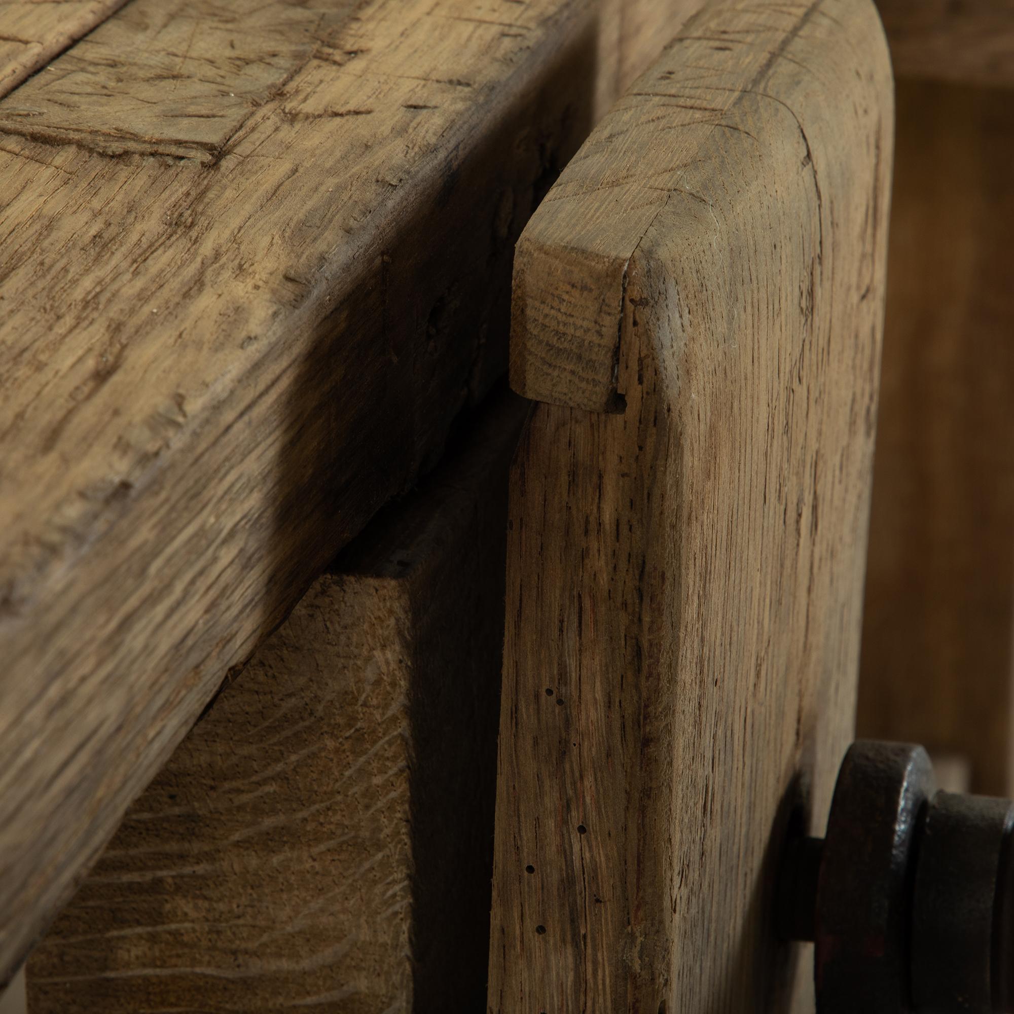 Late 19th Century French Bleached Oak Workbench with Vise, Drawer, Lower Shelf 8