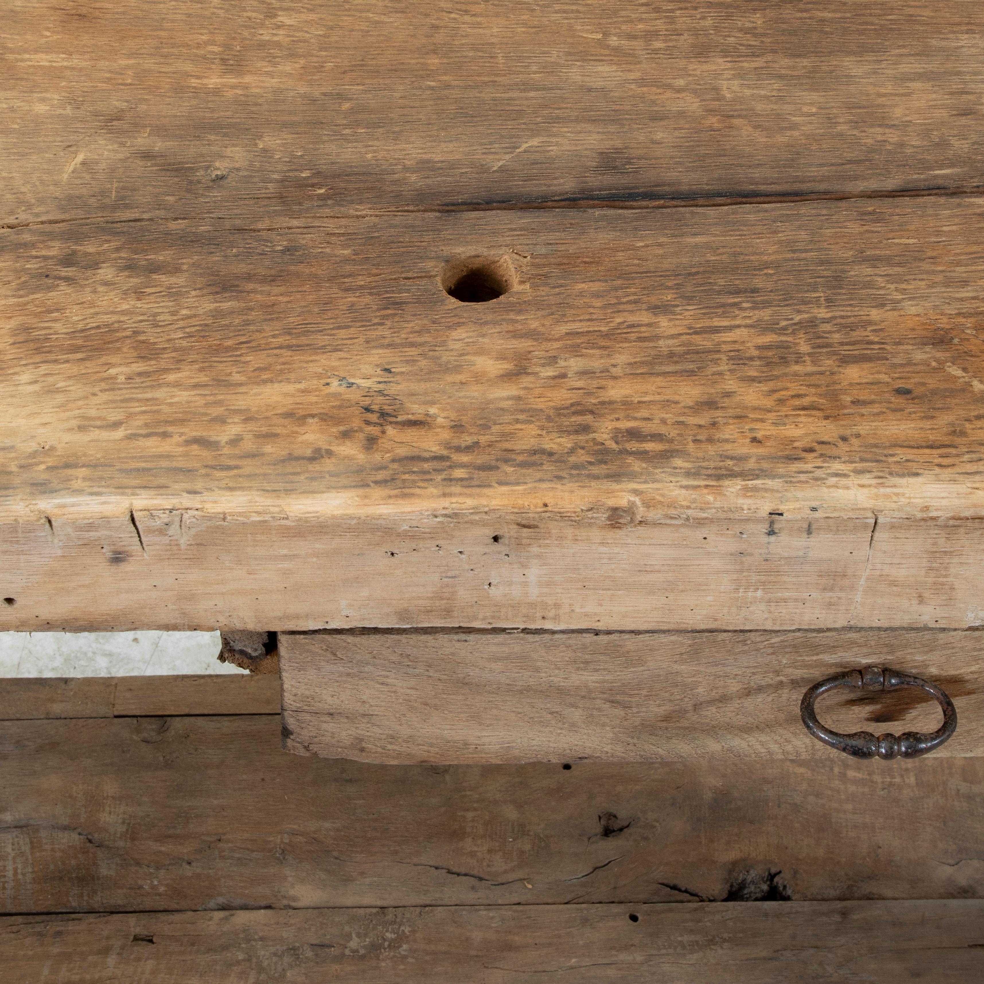 Late 19th Century French Bleached Oak Workbench with Vise, Drawer, Lower Shelf 6