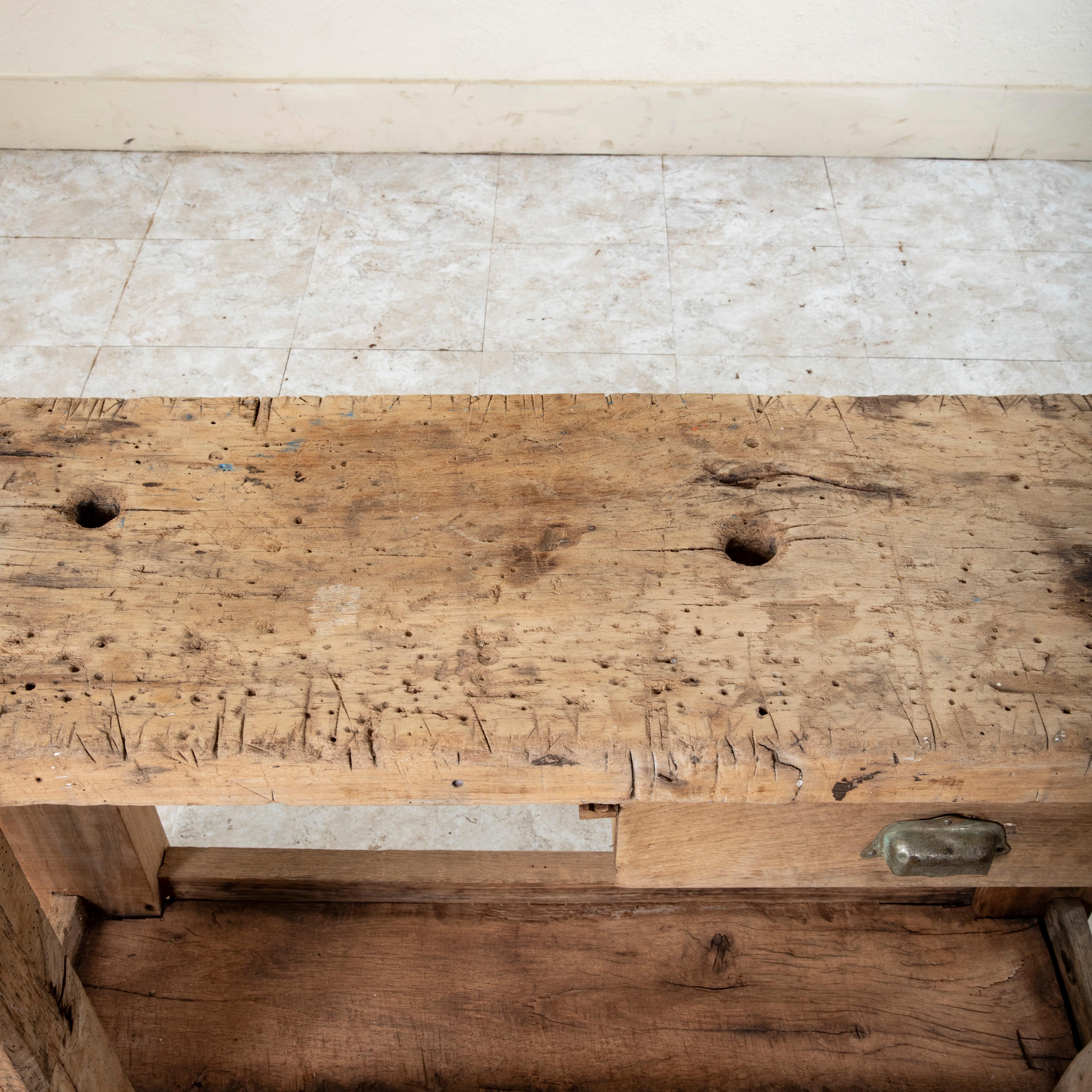 Late 19th Century French Bleached Oak Workbench with Vise, Drawer, Lower Shelf 8