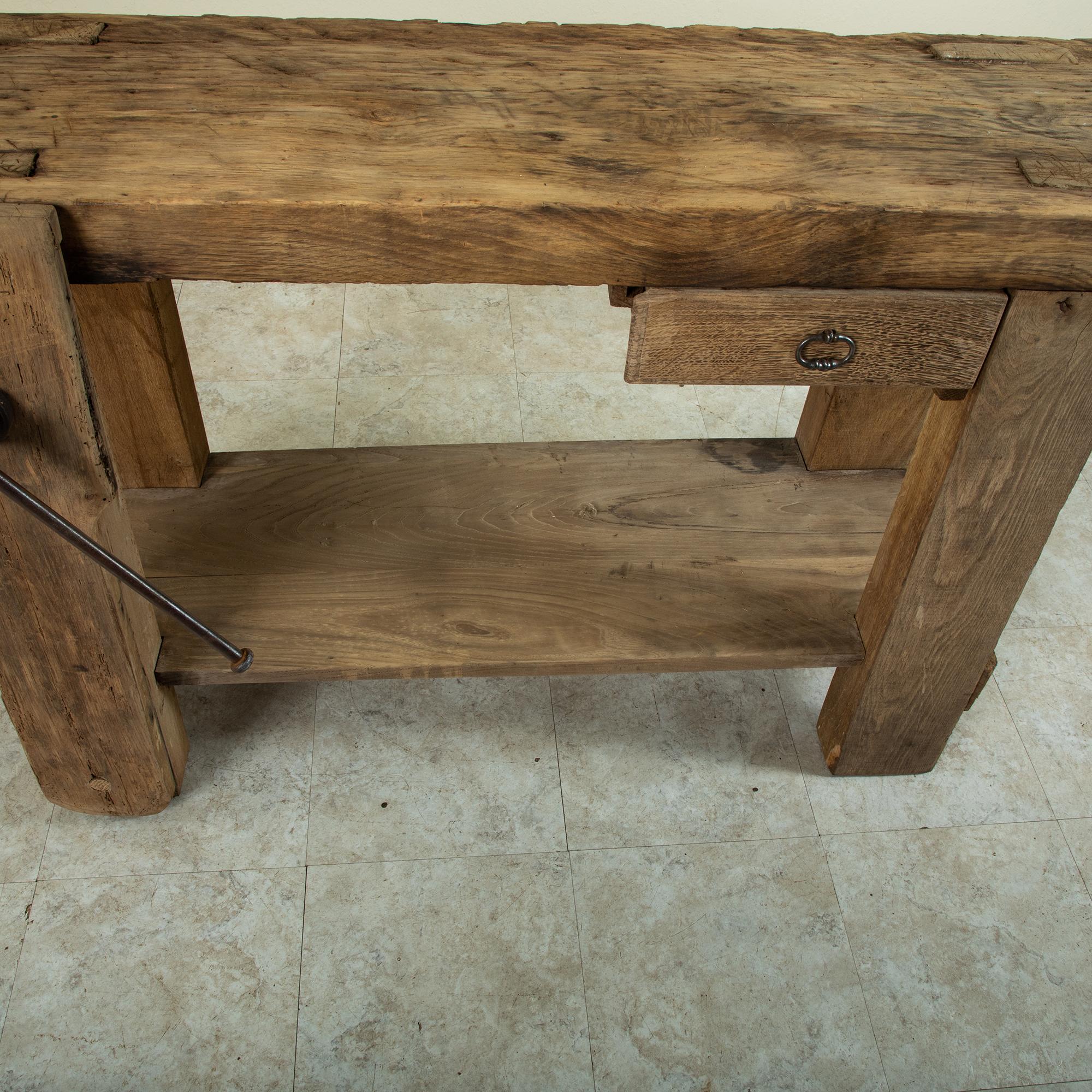 Late 19th Century French Bleached Oak Workbench with Vise, Drawer, Lower Shelf 11