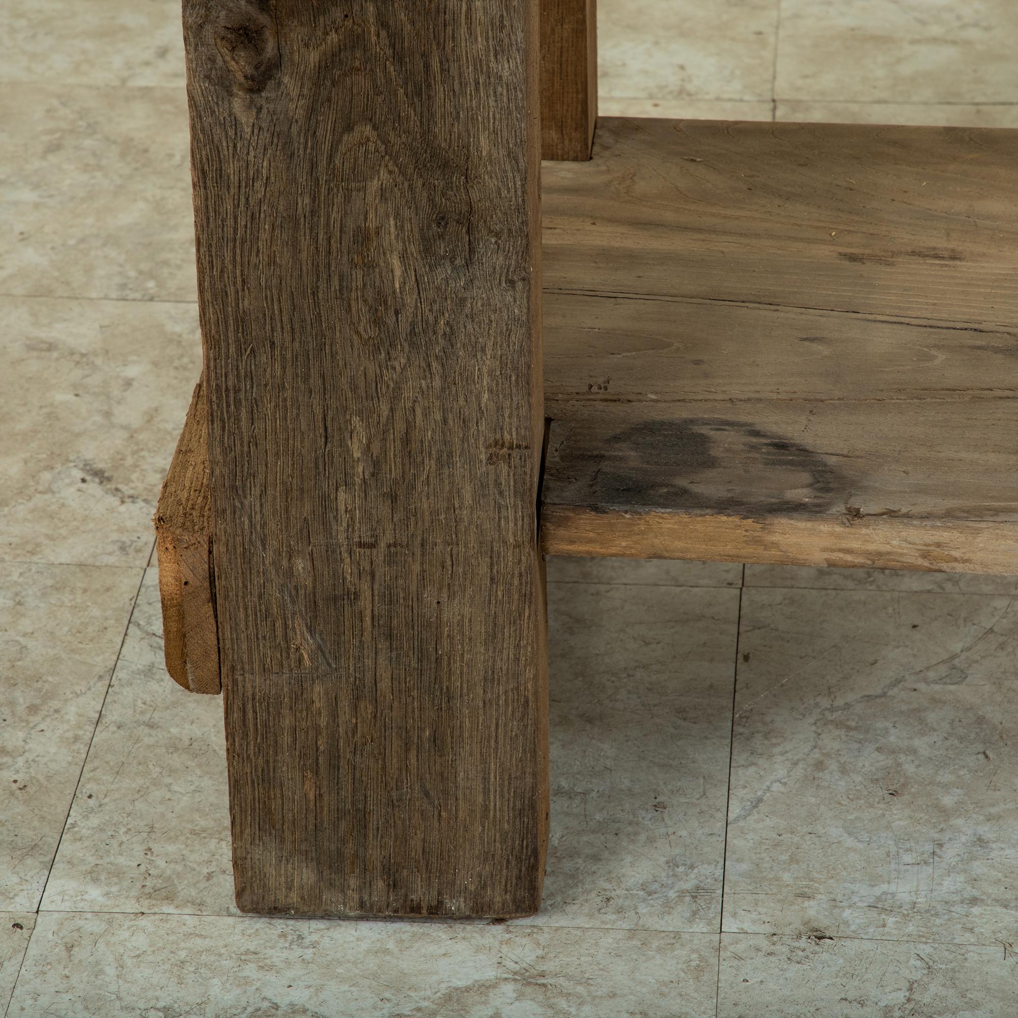 Late 19th Century French Bleached Oak Workbench with Vise, Drawer, Lower Shelf 13