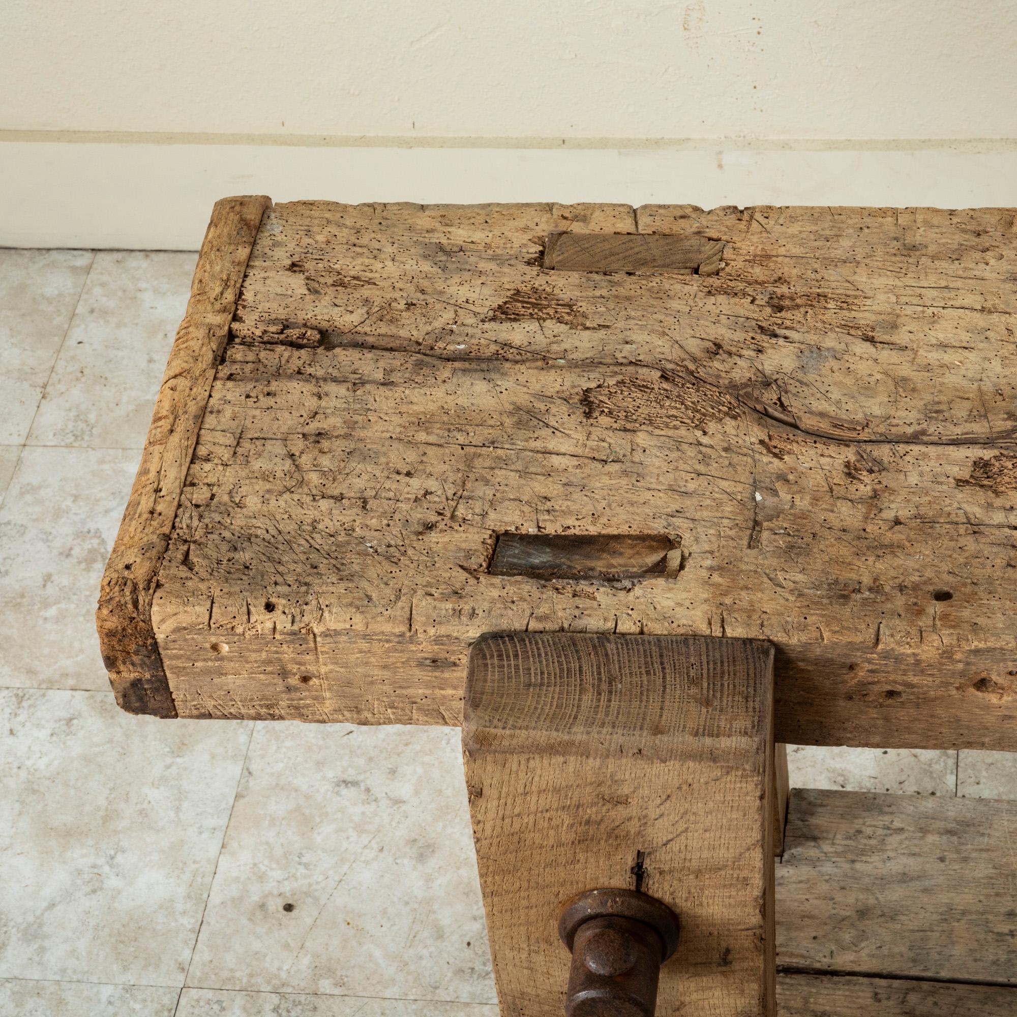 Late 19th Century French Bleached Oak Workbench with Vise, Drawer, Lower Shelf 12