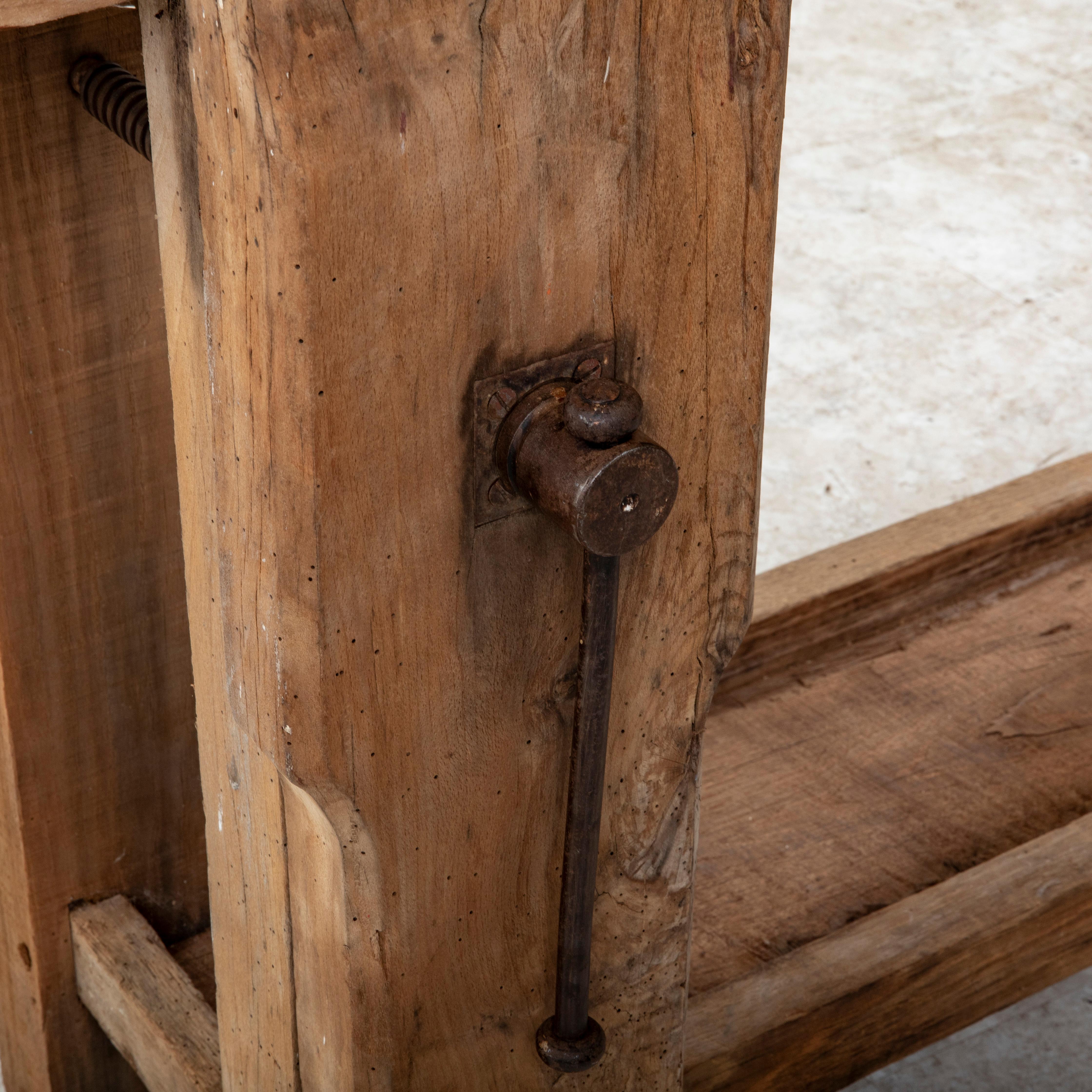 Late 19th Century French Bleached Oak Workbench with Vise, Drawer, Lower Shelf 12