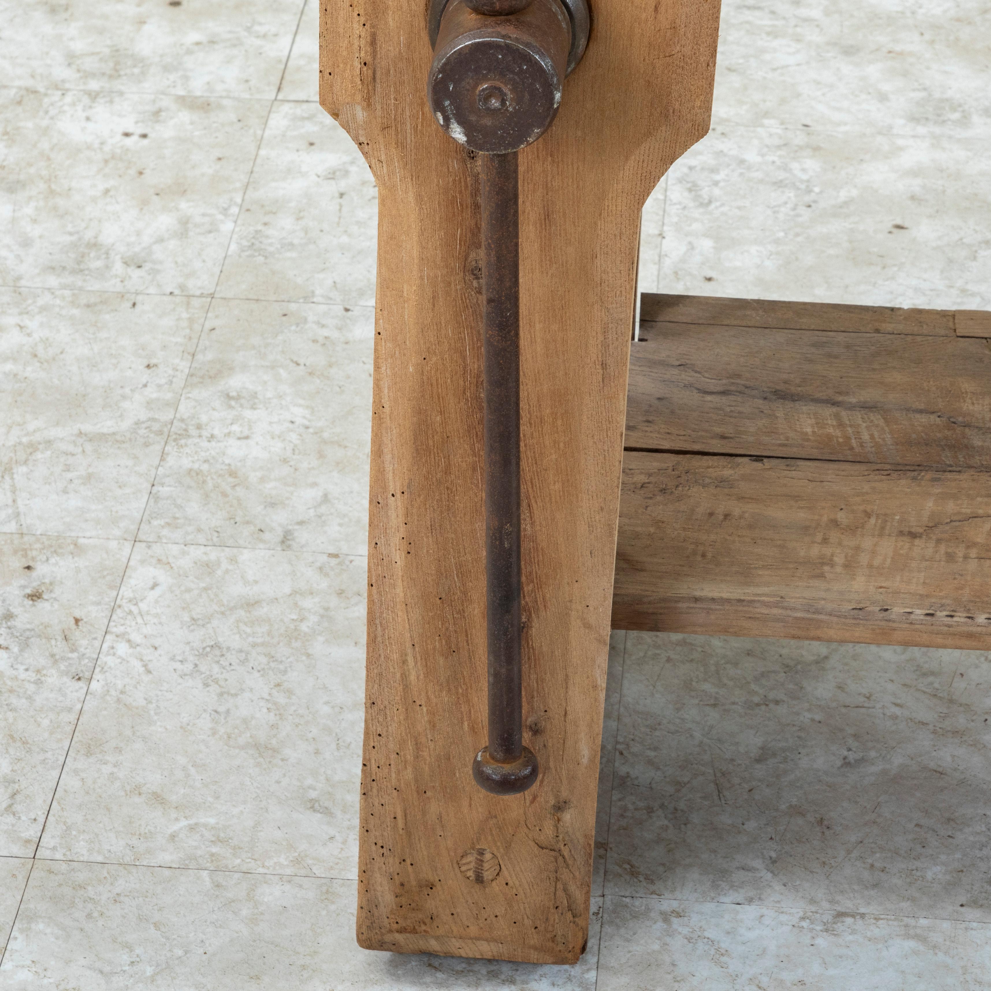 Late 19th Century French Bleached Oak Workbench with Vise, Drawer, Lower Shelf 11