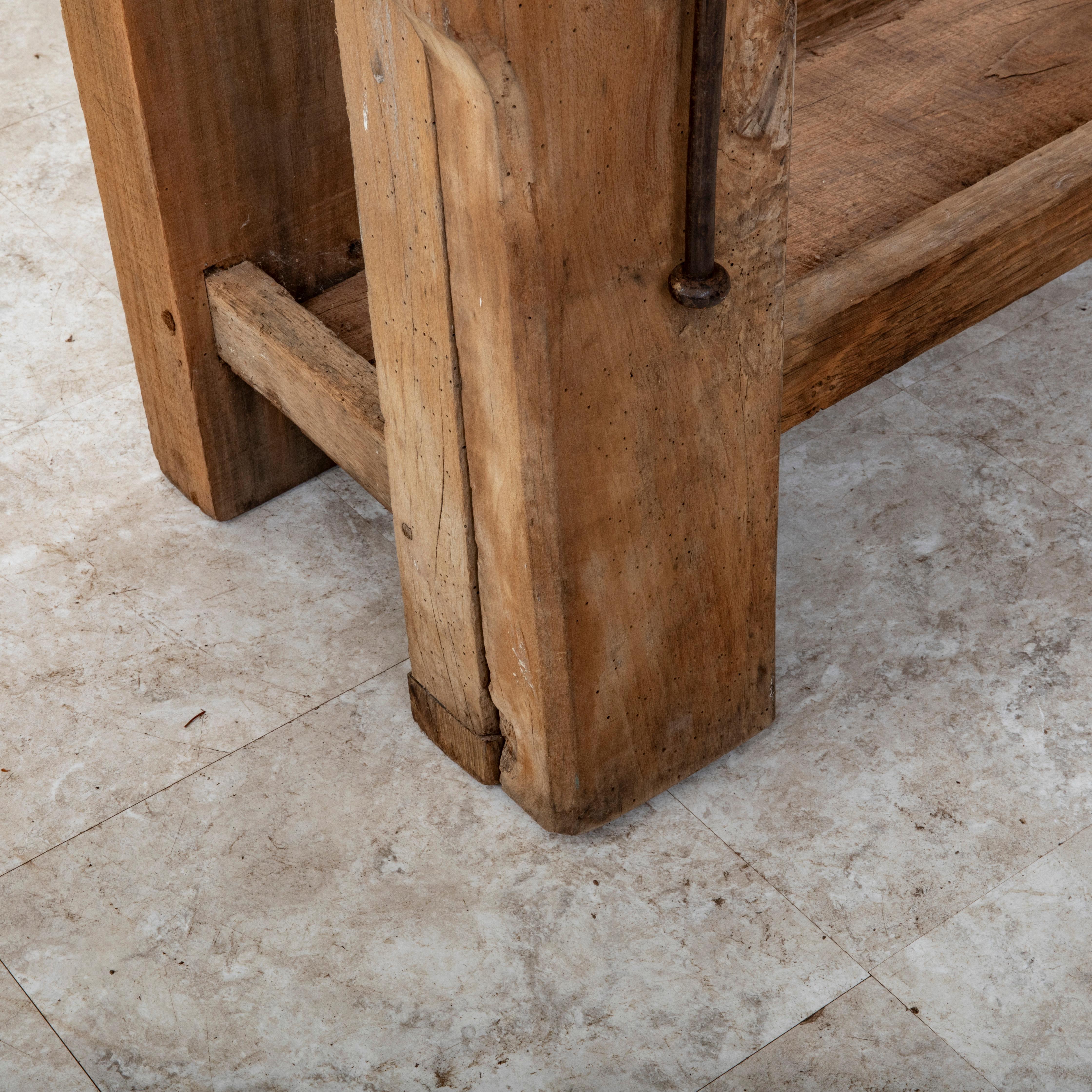 Late 19th Century French Bleached Oak Workbench with Vise, Drawer, Lower Shelf 13