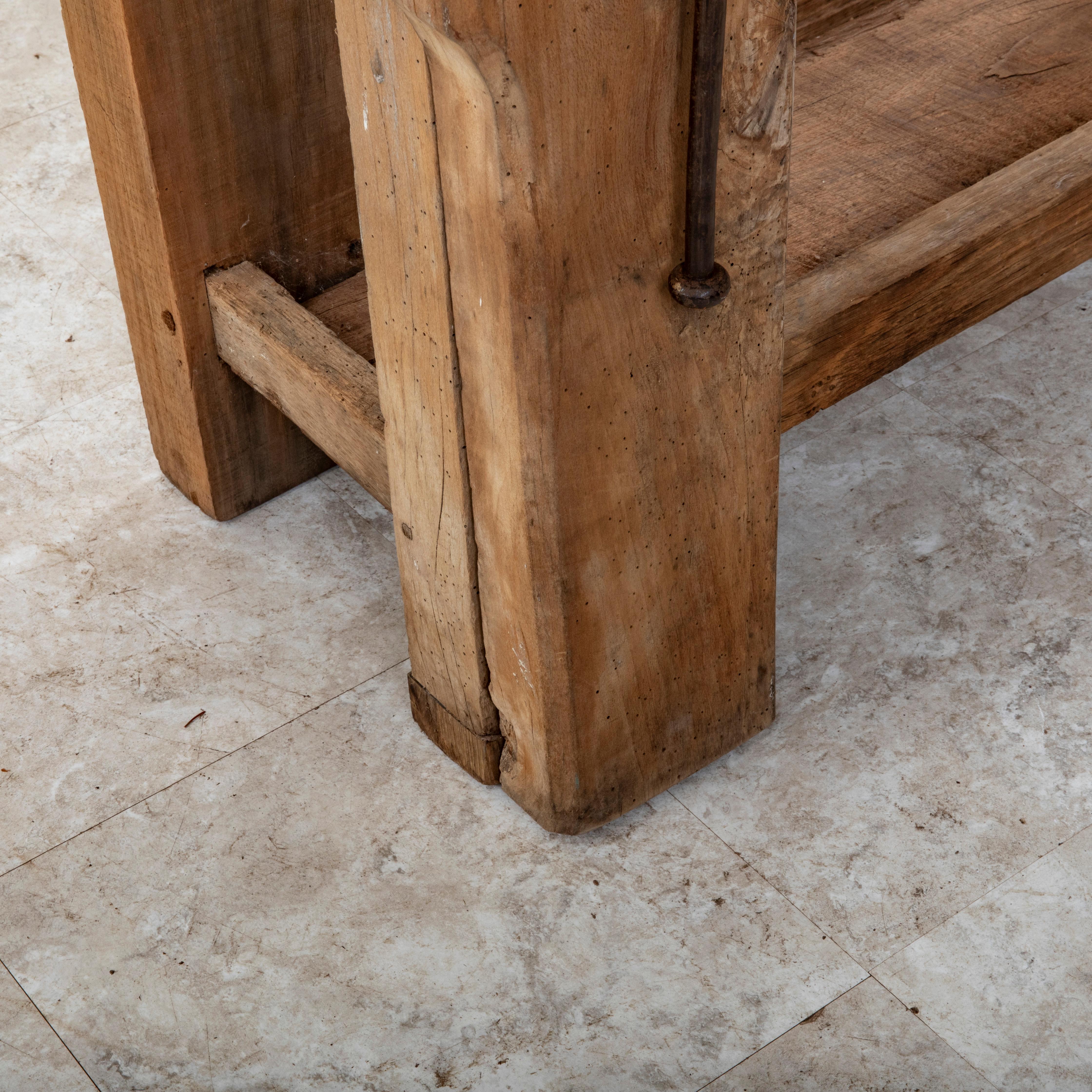 Late 19th Century French Bleached Oak Workbench with Vise, Drawer, Lower Shelf 13