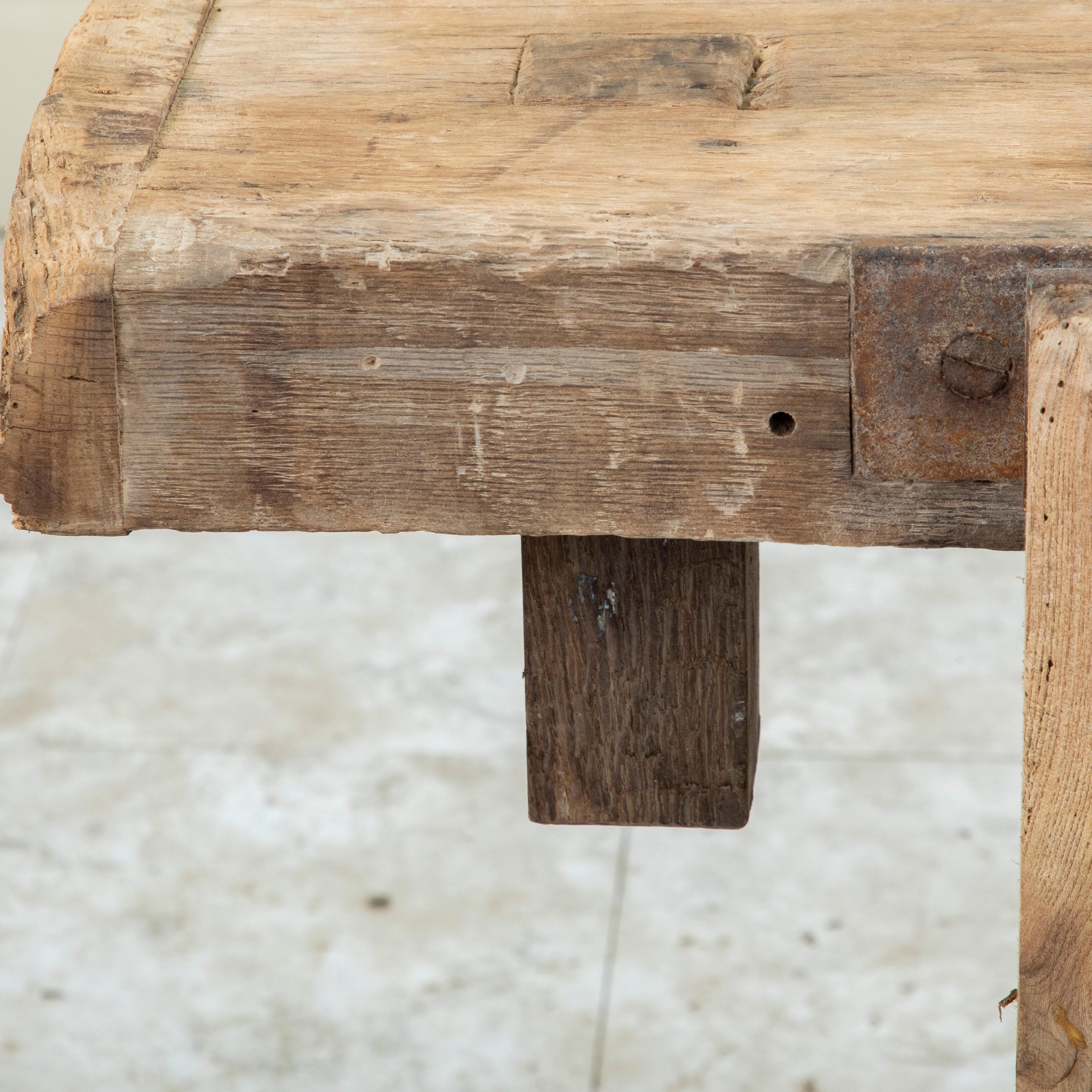 Late 19th Century French Bleached Oak Workbench with Vise, Drawer, Lower Shelf 14